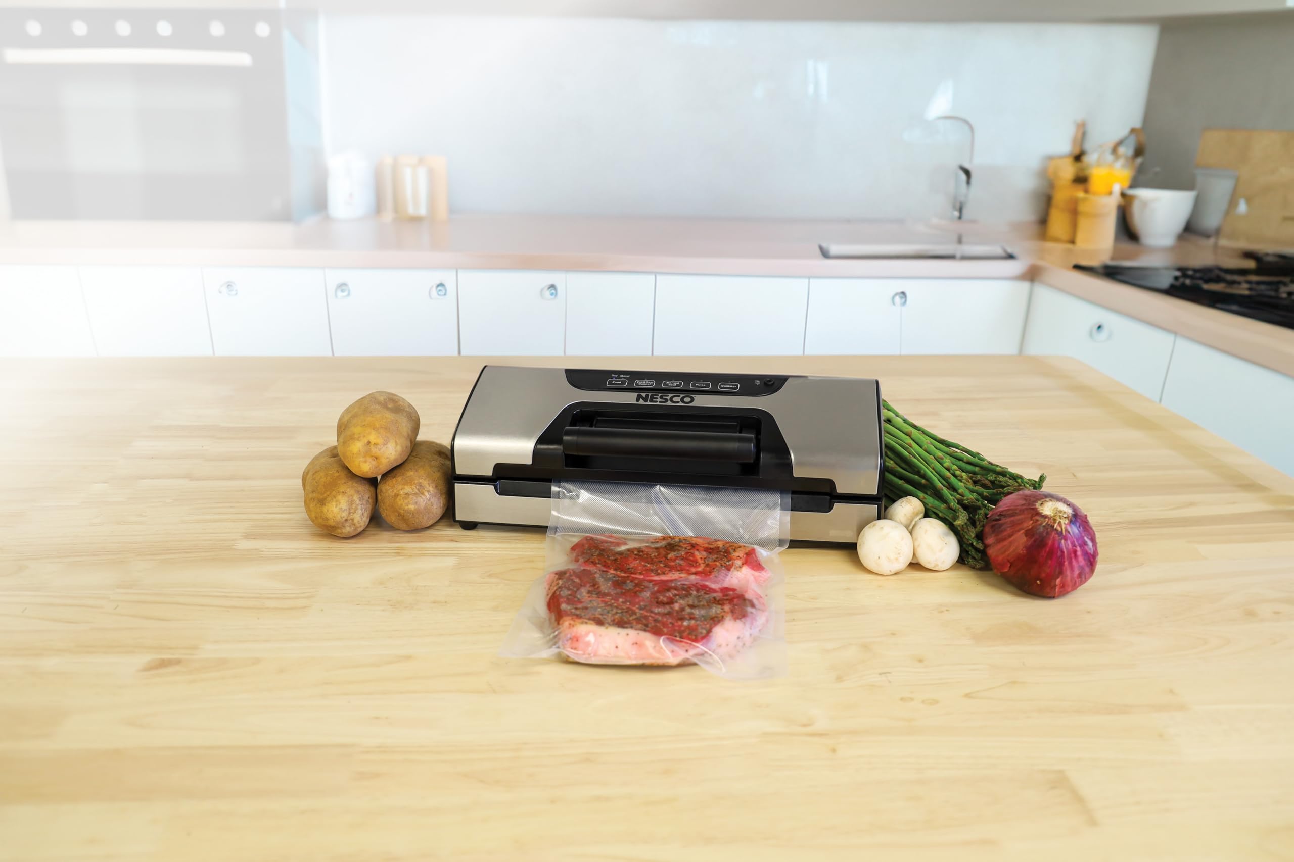 Nesco FreshLock Pro VS-15 Stainless Steel Vacuum Sealer - Moist & Dry Food Preservation, 120W Powerful Suction, Includes Bags & Rolls - Perfect for Meal Prep, Sous Vide, Freezer Storage & Long-Term Food Saving