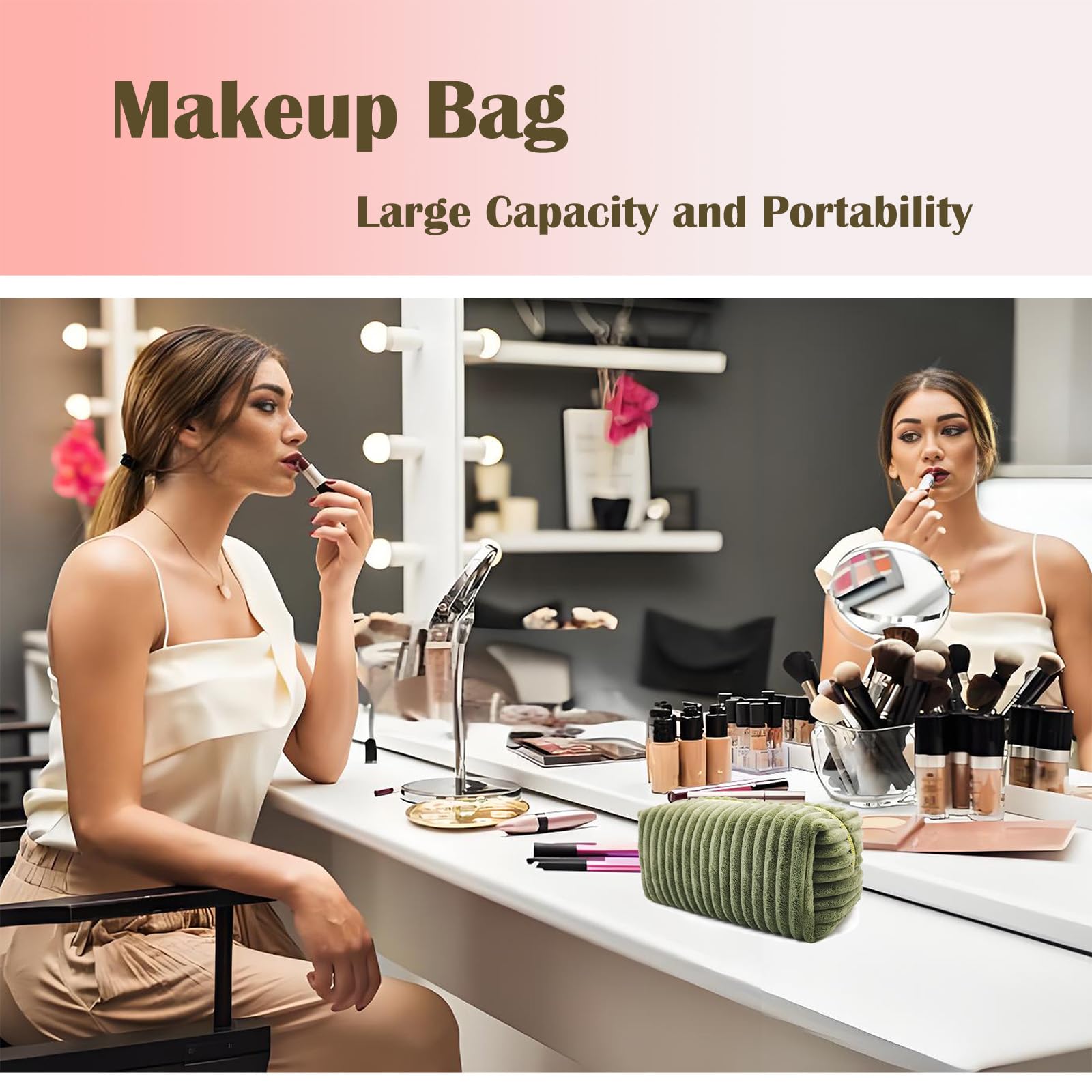 Corduroy Makeup Bag for Women - Small Travel Cosmetic Pouch Organizer, Cute Skincare & Toiletry Bag for Purse (Green) | Perfect for Travel, Gym, and Daily Essentials Storage