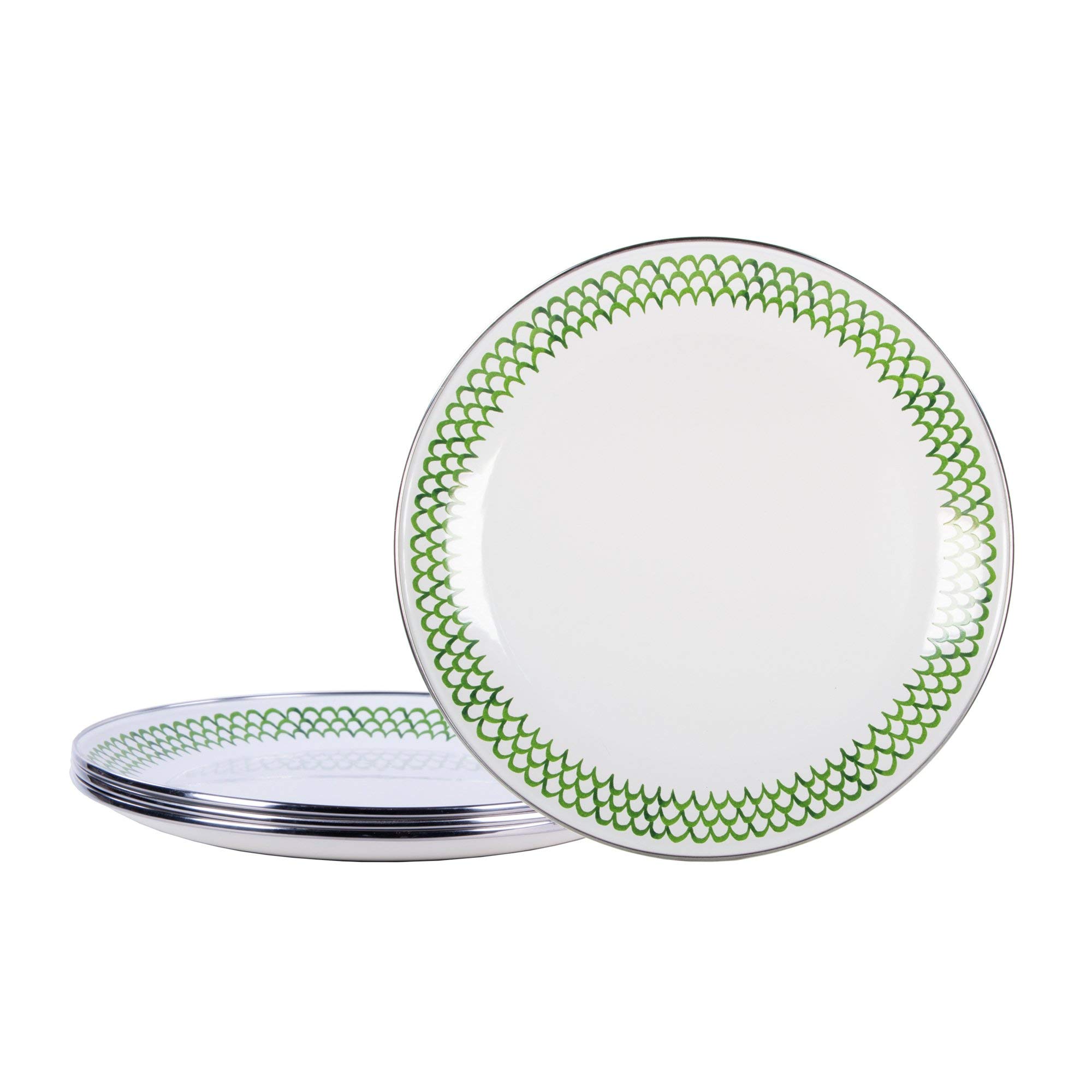 Golden Rabbit Enamelware Dinner Plates - Set of 4 (10.5 Inch) Vintage Green Scallop Edge Plates for Kitchen, Camping & Outdoor Picnic - Durable Melamine-Free Tableware