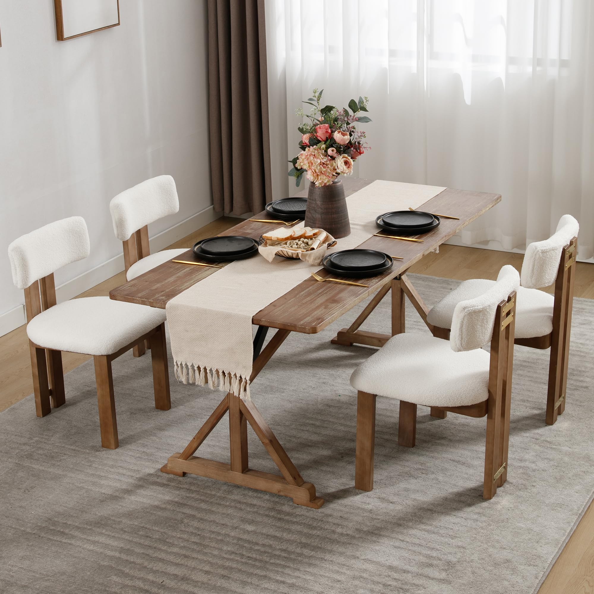 Boucle Dining Chairs Set of 2 - Farmhouse Fabric Kitchen Chairs with Natural Hardwood Legs, Armless Upholstered Accent Chairs for Dining Room, Living Room & Office - White Modern Home Decor