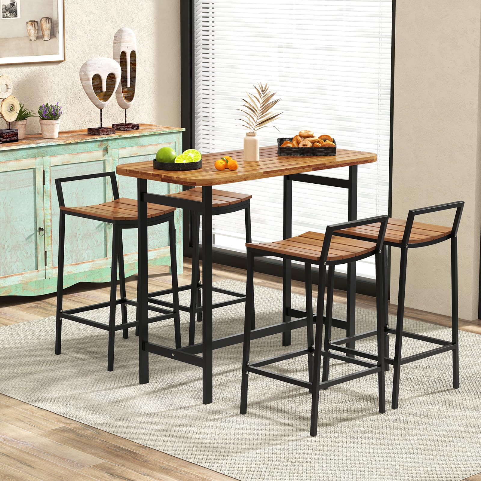 Tangkula 5-Piece Acacia Wood Outdoor Bar Table Set with Metal Frame & Footrest - Patio Bar Height Table & Chairs for 4, Perfect for Deck, Garden, Poolside & Backyard Entertaining