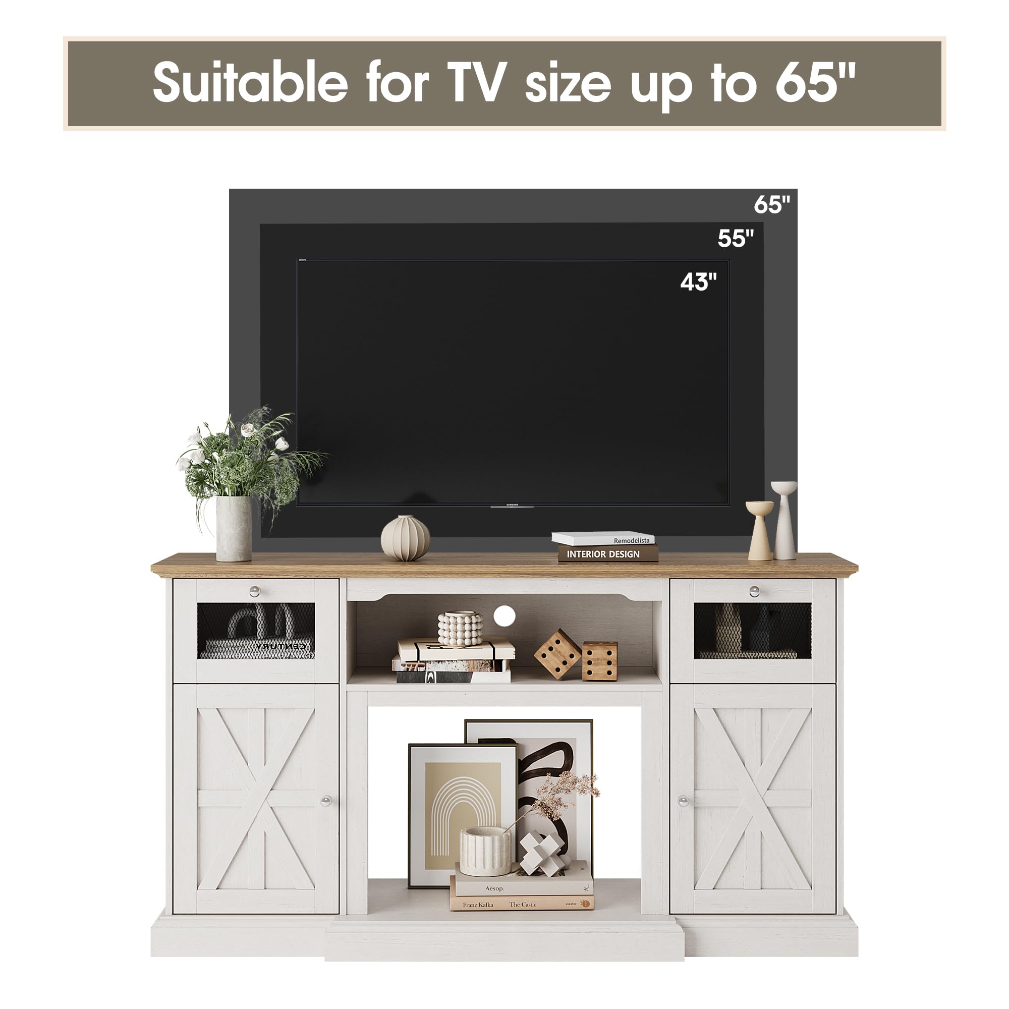 Modern Farmhouse TV Stand for 65 Inch TV - Wood Entertainment Center with Storage Cabinets & Adjustable Shelves - Milk White Media Console for Living Room | Perfect for Home Theater Setup & Living Room Organization