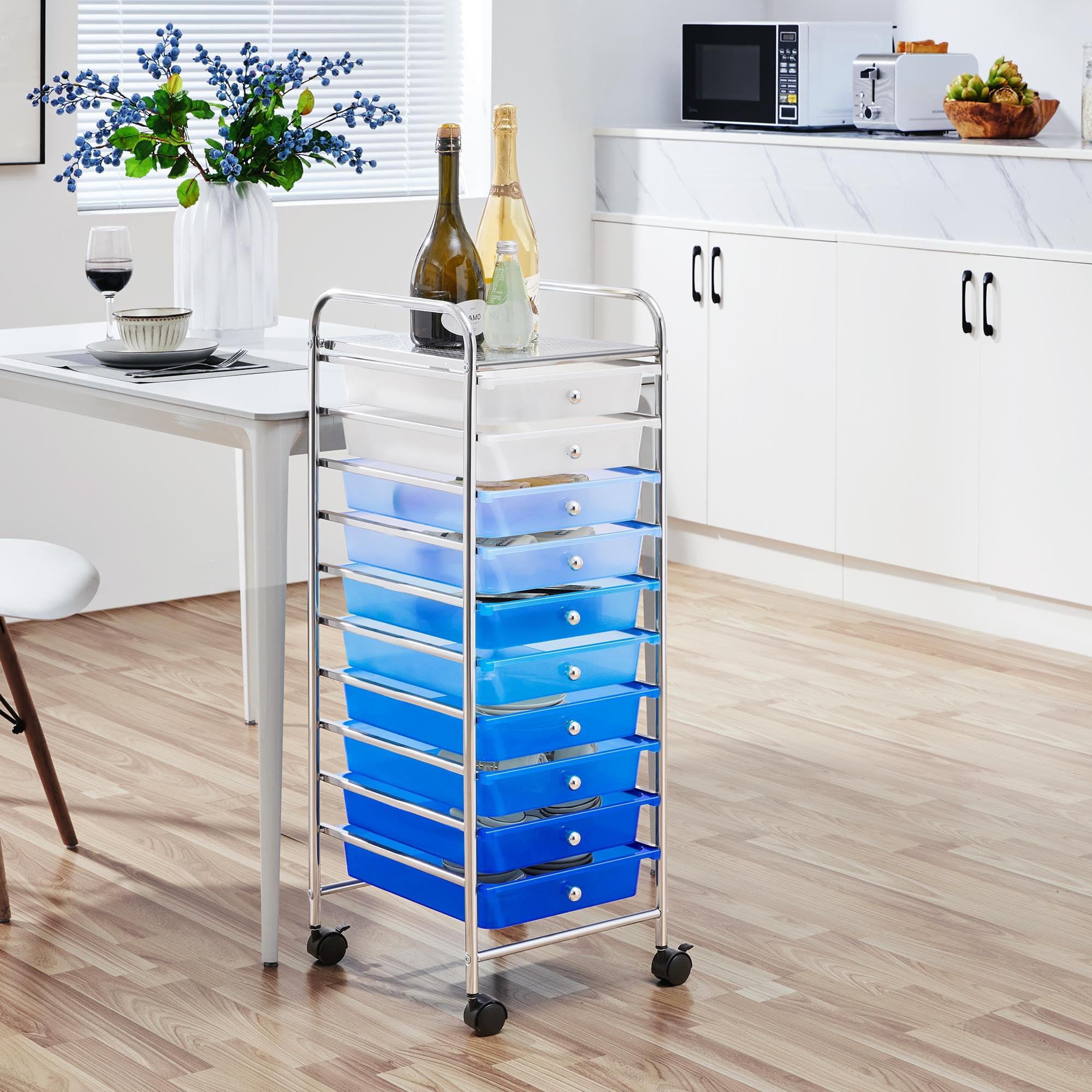 Topeakmart 10-Drawer Rolling Storage Cart - Plastic Utility Organizer with Wheels, Blue Gradient - Perfect for Home, Office, Garage & Craft Room Organization