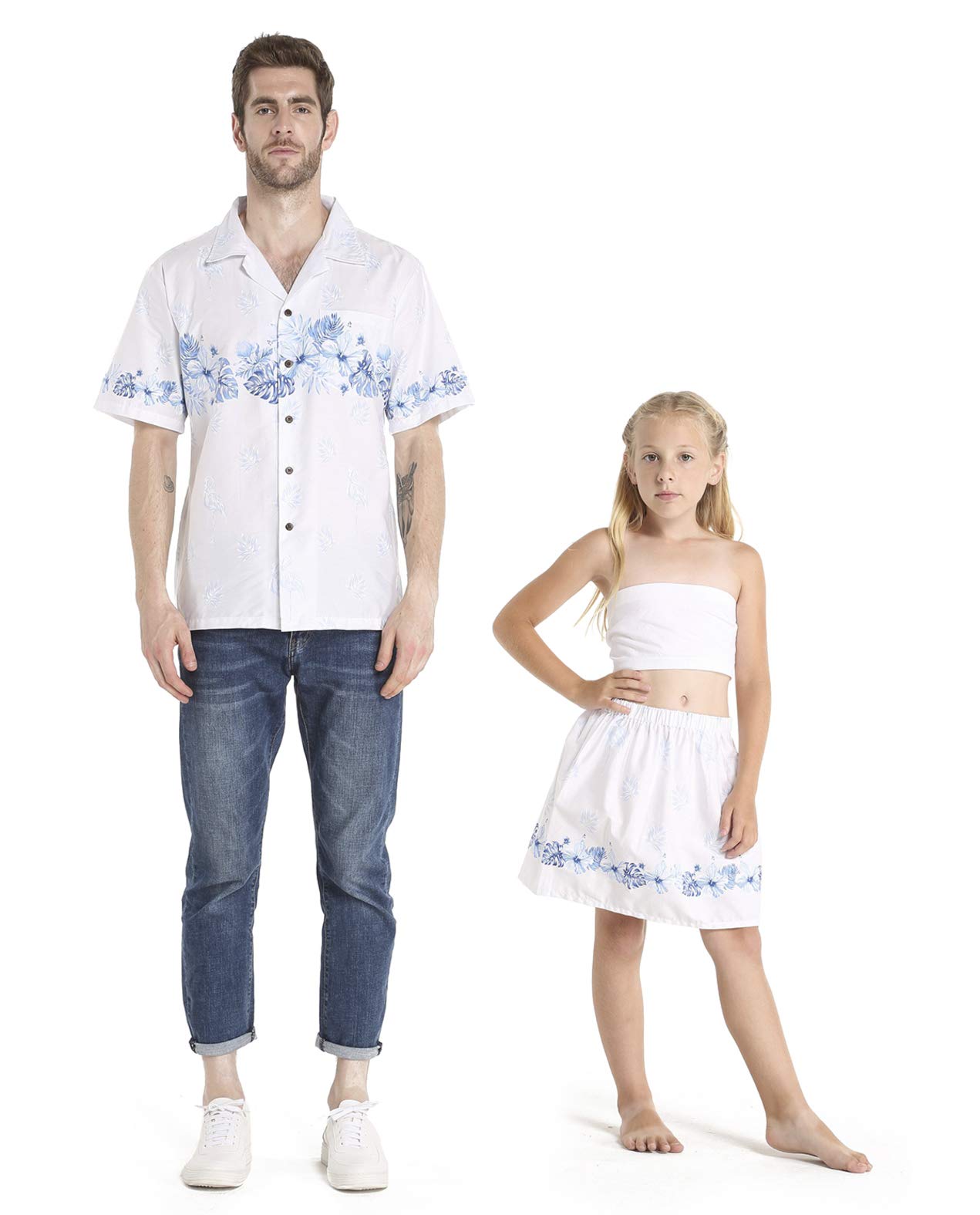 Father Daughter Matching Hawaiian Luau Dance Outfit - White & Blue Hibiscus Shirt and Skirt Set for Beach Party, Family Vacation, and Tropical Themed Events