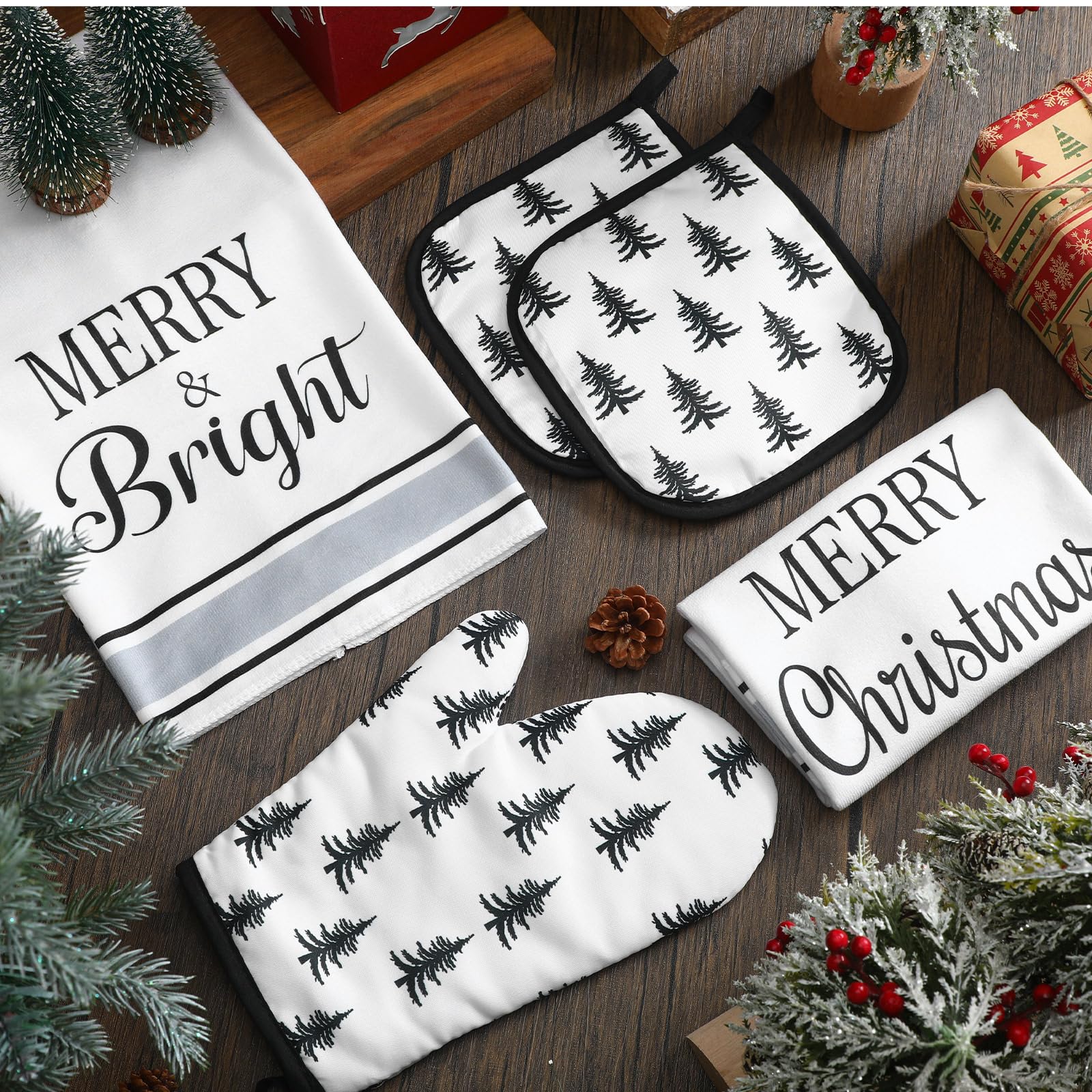 5-Piece Neutral Christmas Kitchen Towel Set - Oven Mitts & Pot Holder with Modern Xmas Tree Design - Farmhouse Holiday Decor (Black & White) - Perfect for Holiday Cooking, Baking & Festive Kitchen Decorating