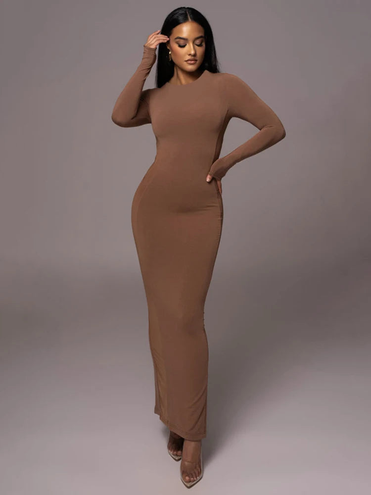 Women's Autumn/Winter Long Sleeve Hollow Out Split Bodycon Dress - Stretchy Tight Maxi Dress for Party, Club & Evening Wear | Elegant Night Out & Special Occasion Outfit