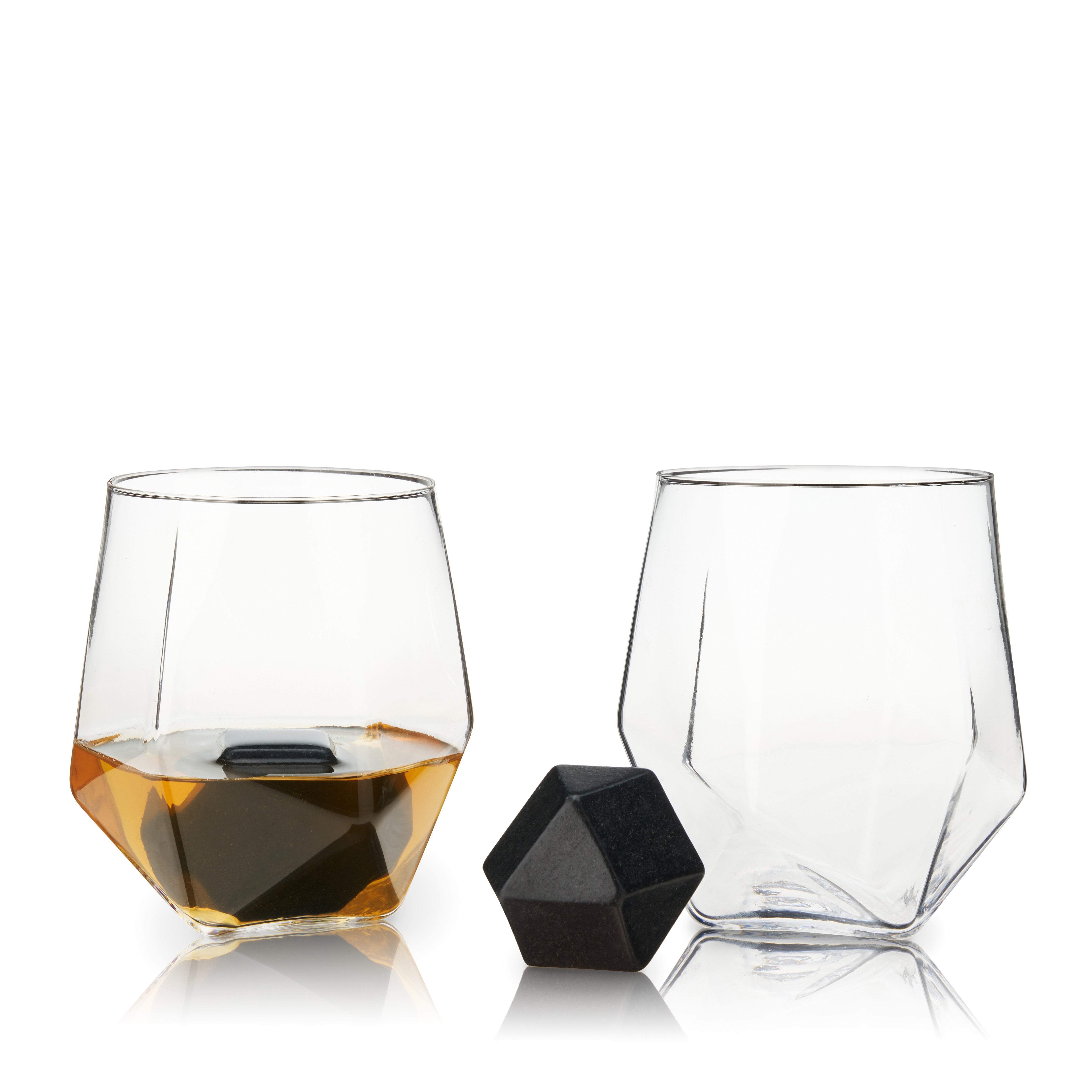 Premium Seneca Faceted Crystal Tumbler & Basalt Hexagon Stone Set - Elegant Whiskey Glasses & Cocktail Stones for Home Bar, Wedding Gifts & Luxury Entertaining