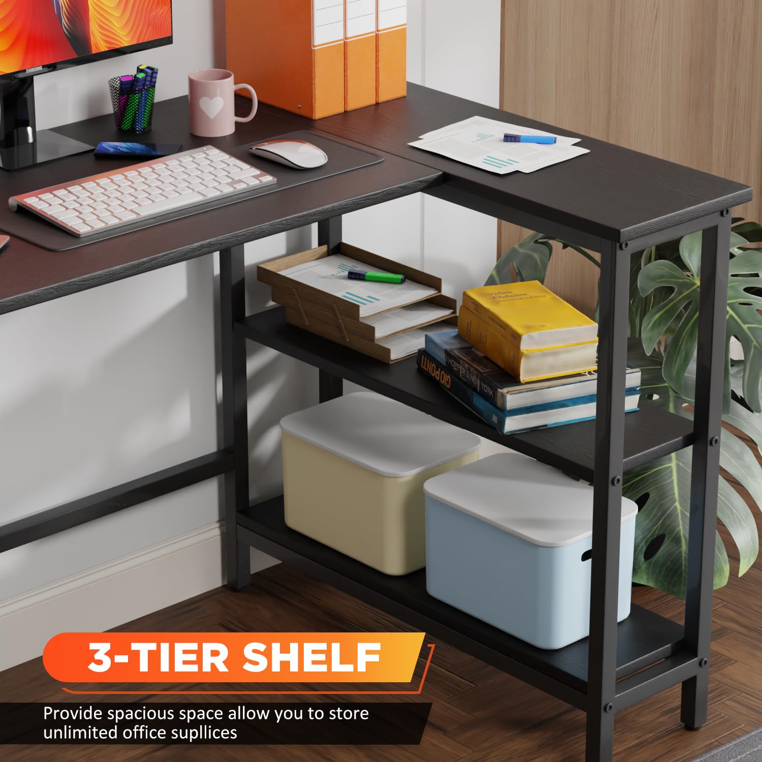 43 Inch L-Shaped Computer Desk with Durable Metal Frame - Corner Gaming Desk with Reversible Storage Shelves for Home Office, Study & Gaming - Black (Perfect for Small Spaces & Multi-Monitor Setups)