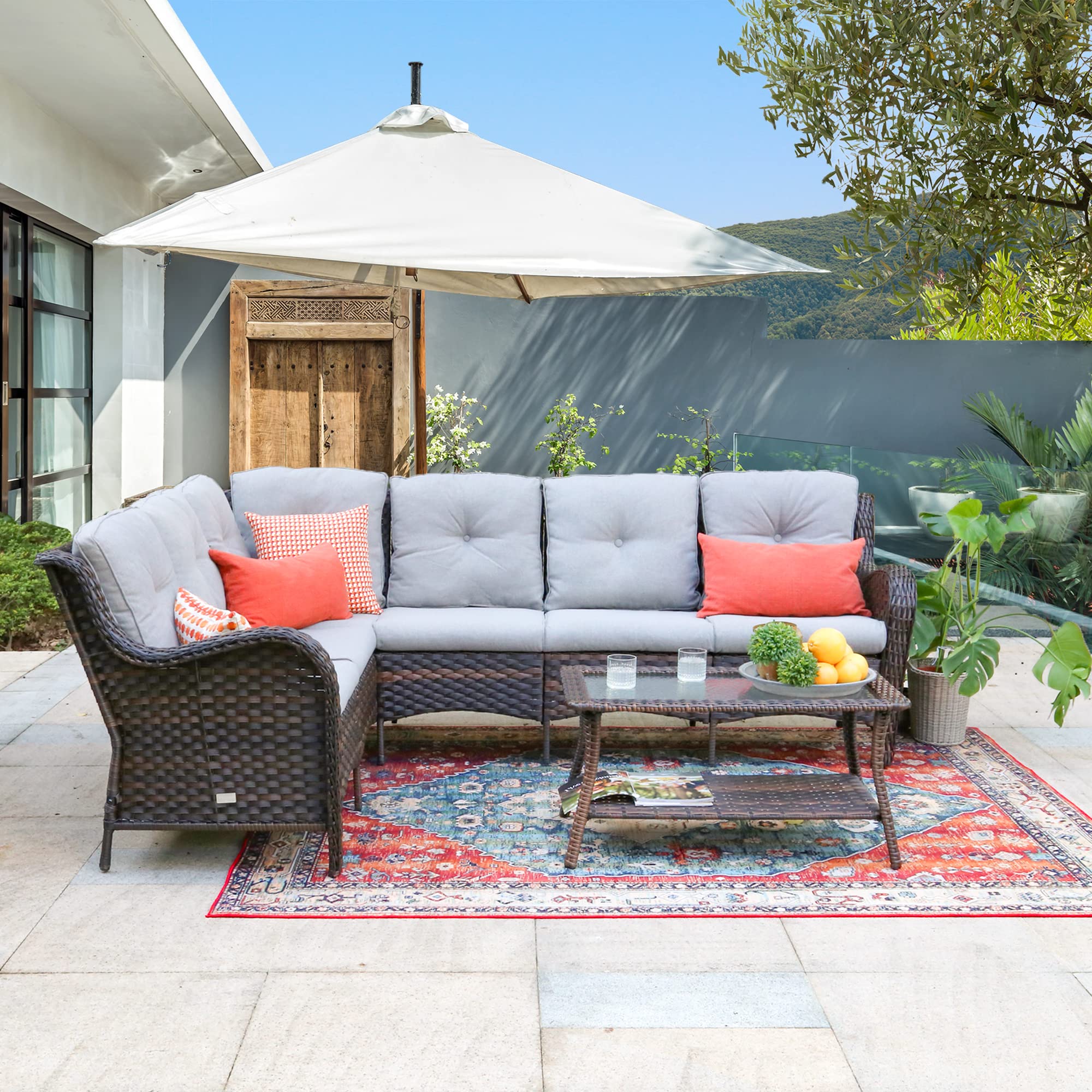 6-Piece Patio Wicker Sectional Conversation Set with Coffee Table - All-Weather Rattan Outdoor Furniture Sofa in Dark Brown for Garden, Backyard, and Poolside Relaxation