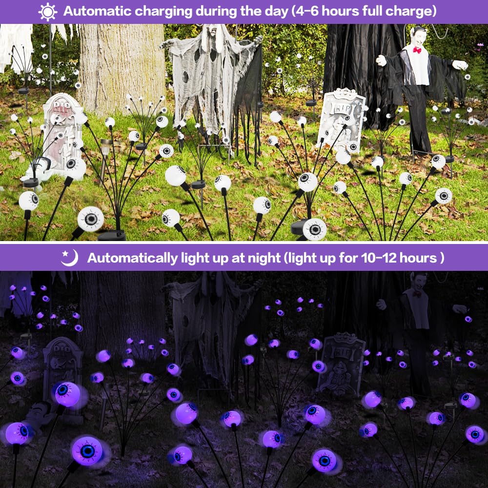 2 Pack Scary Eyeballs Solar Garden Lights - Halloween Outdoor Decor with 12 LED Purple Swaying Firefly, Waterproof Lawn & Patio Party Decorations - Perfect for Spooky Yard, Garden & Halloween Party Decor