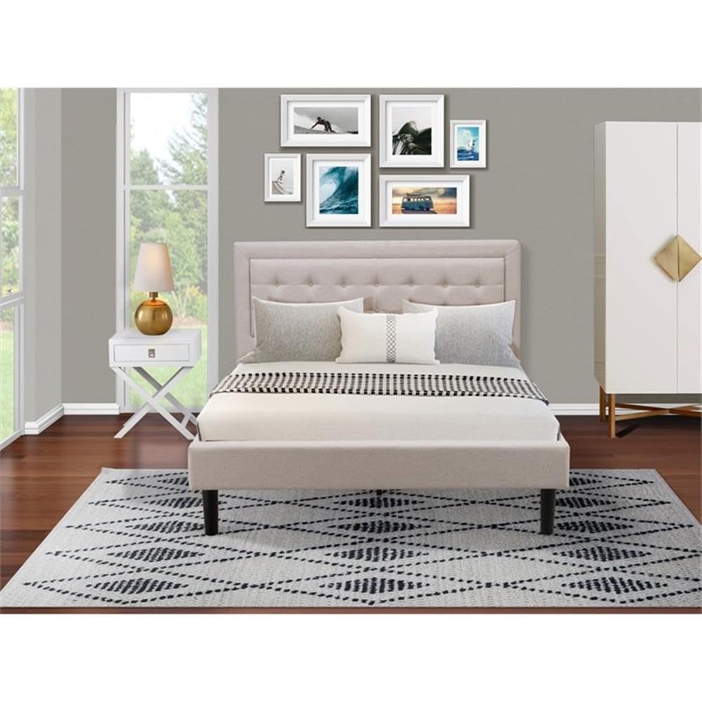 East West Furniture FN08Q-1HAE0 2-Piece Queen Bed Set with Wood Frame & Nightstand - Durable Beige Linen Fabric - Perfect for Master Bedrooms, Guest Rooms & Small Spaces