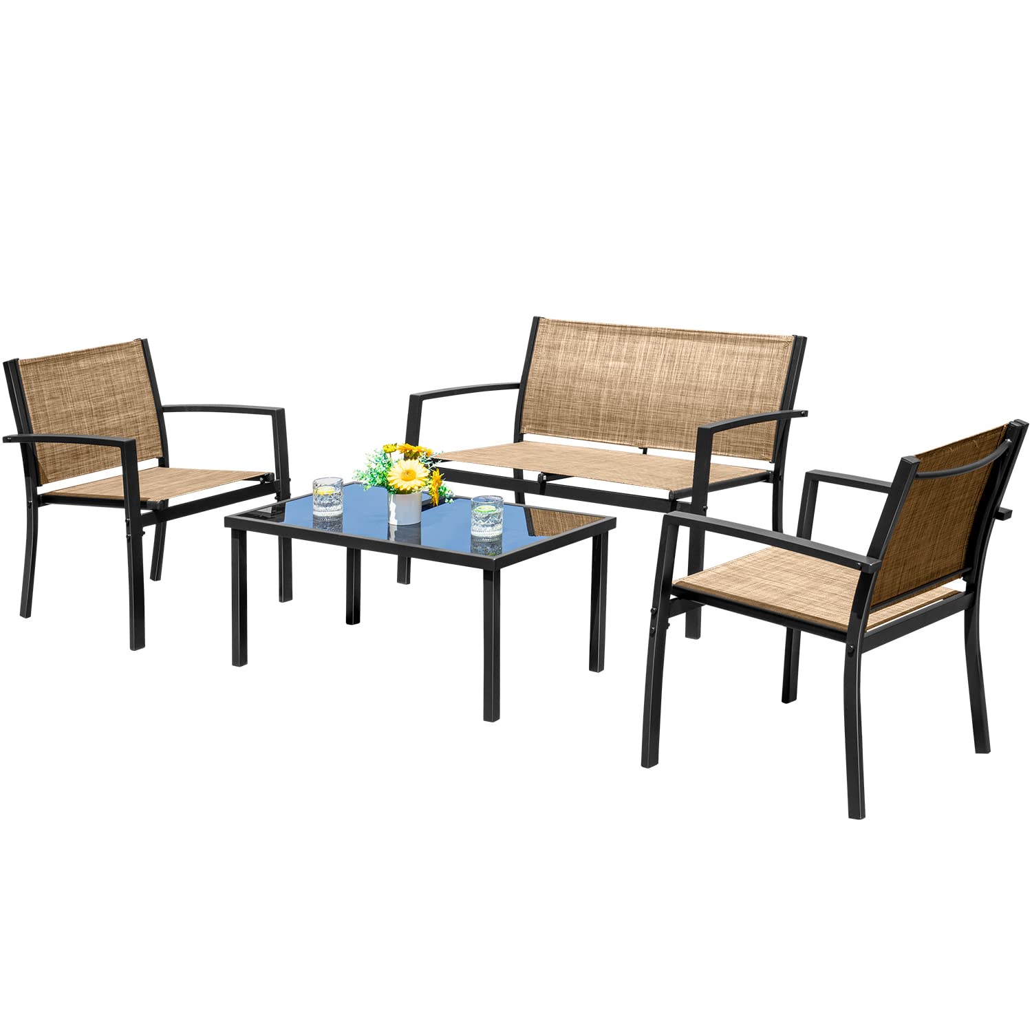 Devoko 4-Piece Outdoor Patio Furniture Set - Yellow Garden Conversation Set with Glass Coffee Table for Poolside, Lawn, Porch & Backyard Relaxation