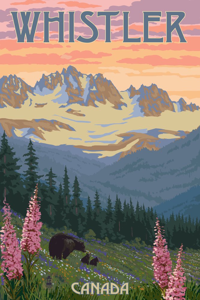 Whistler Canada Bear Family and Spring Flowers 47964 - 24x36 Signed Art Print, Premium Wall Decor Poster - Perfect for Living Room, Bedroom & Office Decoration