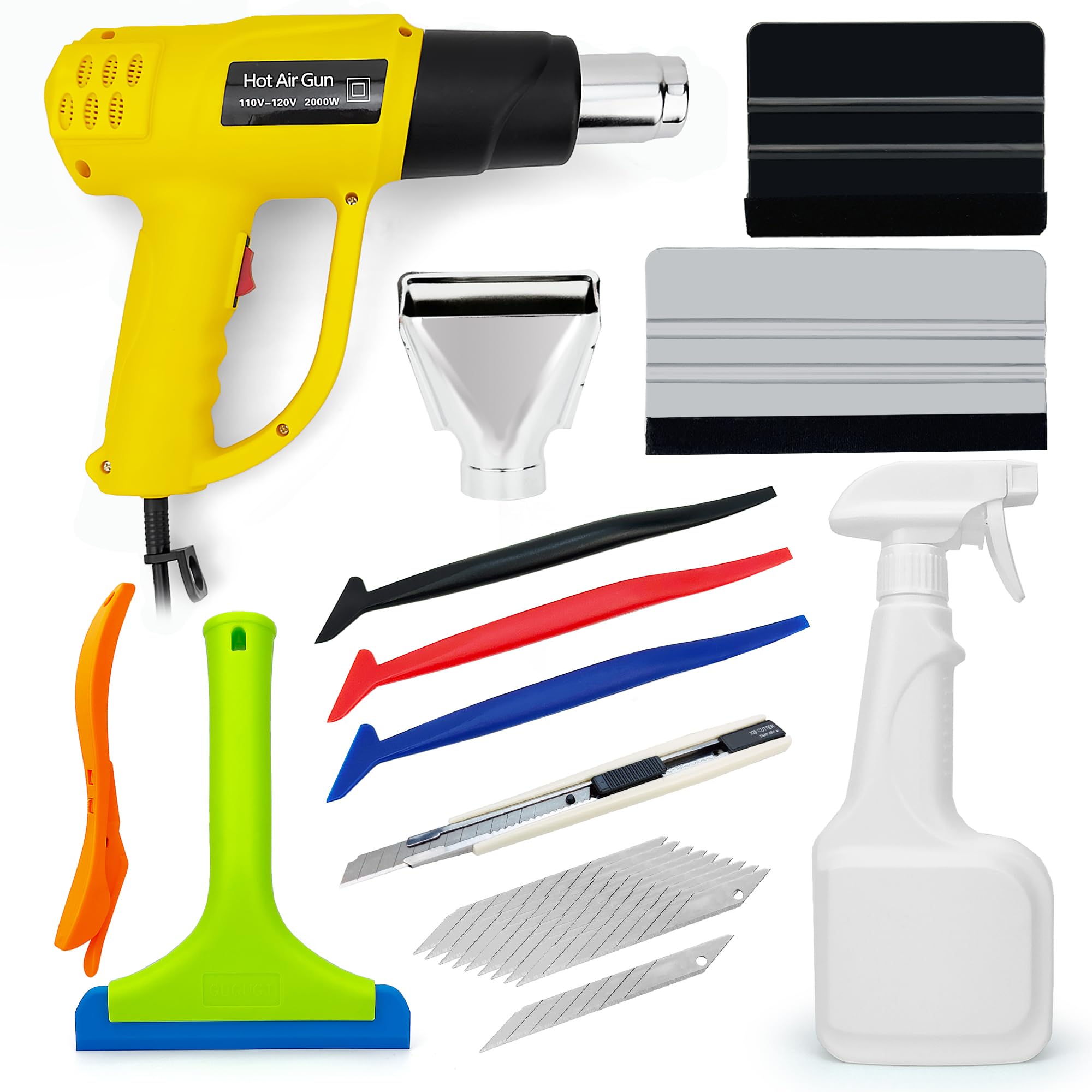 Professional Vehicle Wrap Kit with Heat Gun for Vinyl Wrap & Window Tinting - Includes Silicone Squeegee, 9mm Knife Blades, Felt Squeegee, 500ml Spray Bottle & Micro Squeegee - Perfect for Car Paint Protection, Decal Application & Auto Window Film Installation