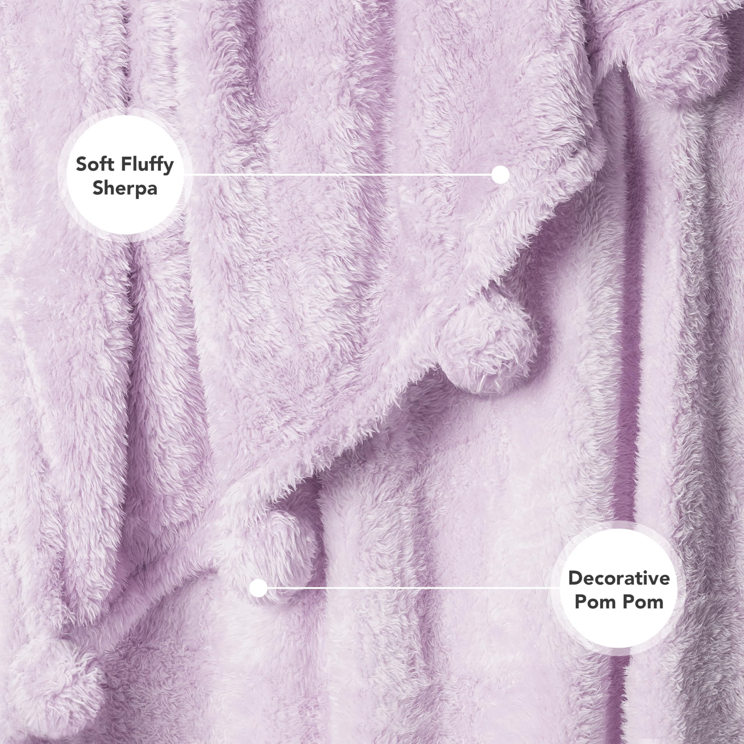 PAVILIA Lavender Sherpa Throw Blanket - Ultra Soft Plush Pom Pom Blanket for Couch & Bed (60x80 inches) | Lightweight Cozy Fluffy Blanket for Sofa, Living Room, Dorm & Travel | Light Purple Twin Size Warm Fuzzy Blanket