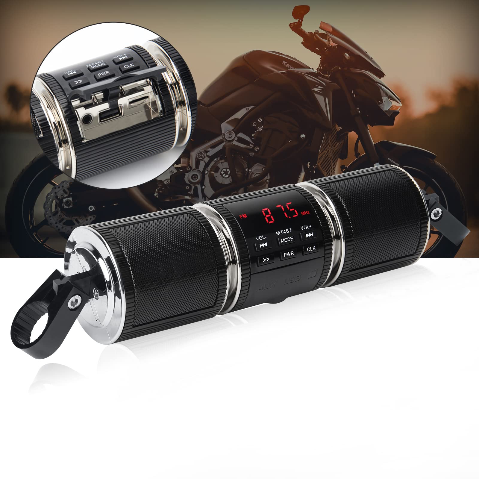 Motorcycle Speaker Systems BT Waterproof Stereo Speakers Bar Mount 7/8-1.25 inch with AUX-in, USB, microSD, FM Radio, Audio Amplifier System for Motorcycle ATV UTV (MT487) - Perfect for Outdoor Adventures and Road Trips