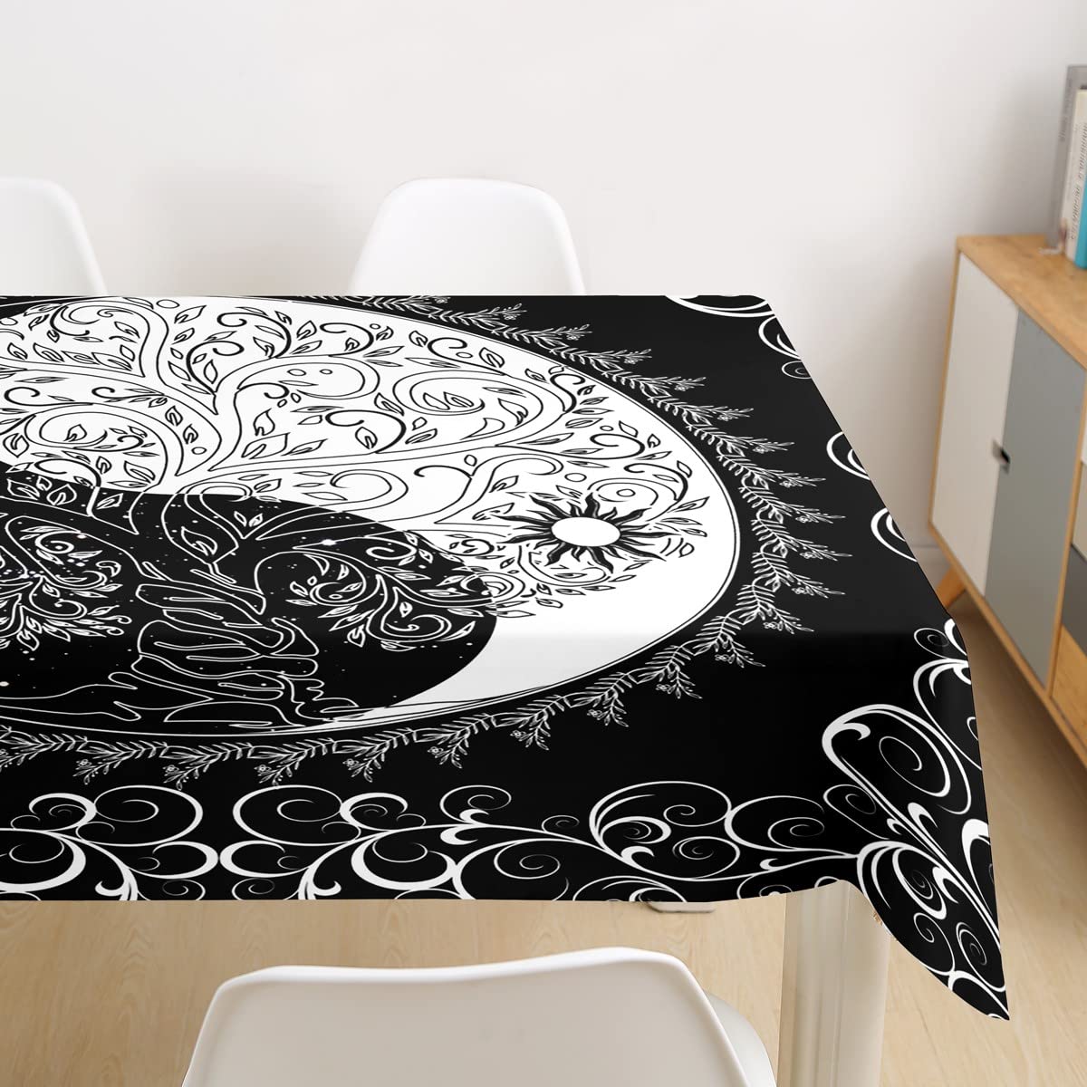 Waterproof Black & White Tai Chi Tablecloth - 55 x 55 Inch Square Table Cover for Kitchen & Dining Room | Home Decor, Feng Shui Artwork, Durable & Easy Clean | Perfect for Meditation Spaces, Tea Ceremonies & Asian-Themed Dining
