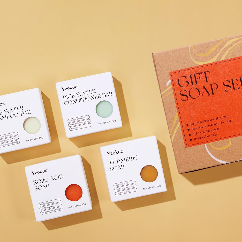 Turmeric Soap Bar & Rice Water Shampoo Conditioner Bar Set with Kojic Acid - Deep Cleansing for Body, Face & Hair | Travel Toiletries & Spa Gifts for Women | Perfect for Skincare Routine, Travel Essentials & Relaxing Self-Care Moments