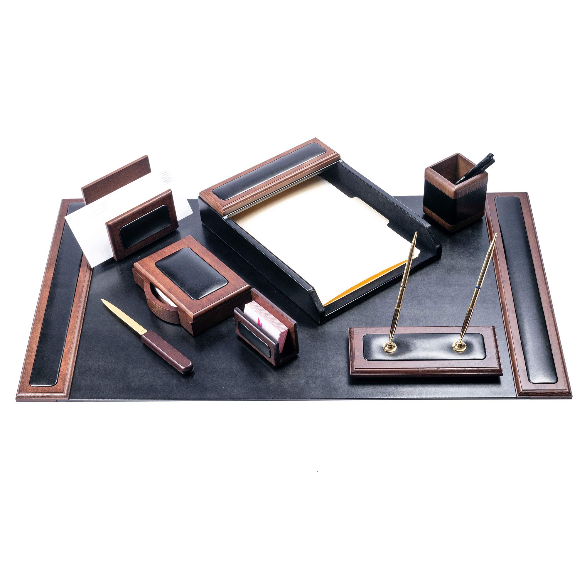 Premium Dacasso Wood & Leather Desk Set - Luxury Executive Desk Pad & Office Organizer - Walnut & Black 8-Piece Collection - Perfect for Home Office, Corporate Gifts & Professional Workspace Decor