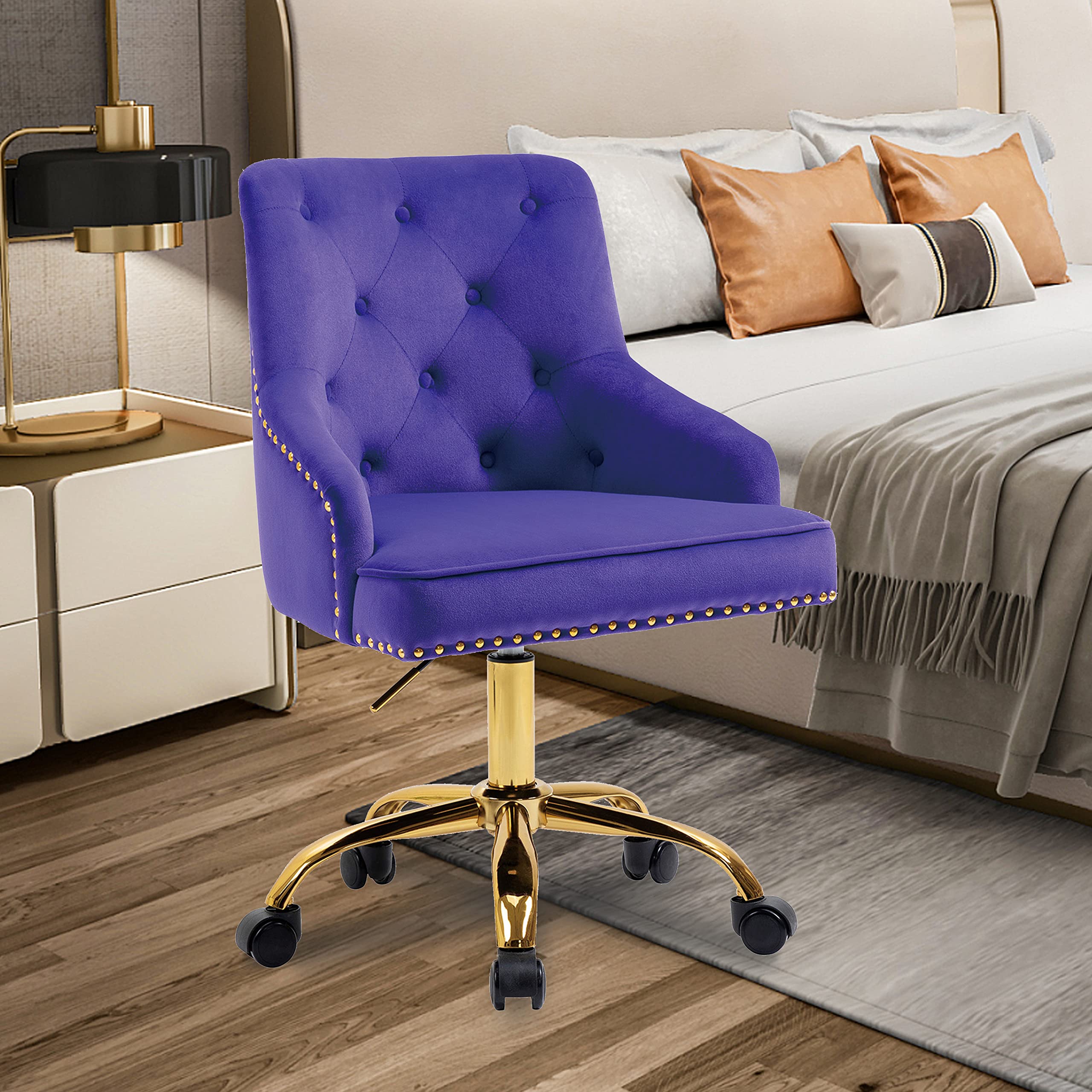 MTFY Modern Velvet Desk Chair - Ergonomic Home Office Computer Chair for Women & Girls, 360° Swivel Upholstered Accent Armchair with Golden Legs - Perfect for Living Room, Bedroom & Vanity Areas