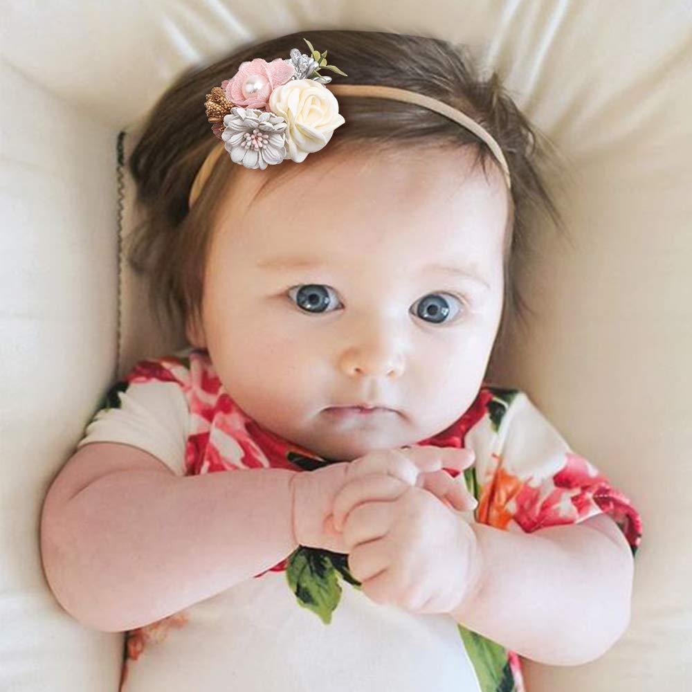 Cherrboll 4-Pack Baby Girl Headbands with Flowers - Ultra Soft Stretchy Nylon Floral Hair Bands for Newborns & Toddlers - Perfect for Photoshoots, Birthday Parties & Daily Outfits
