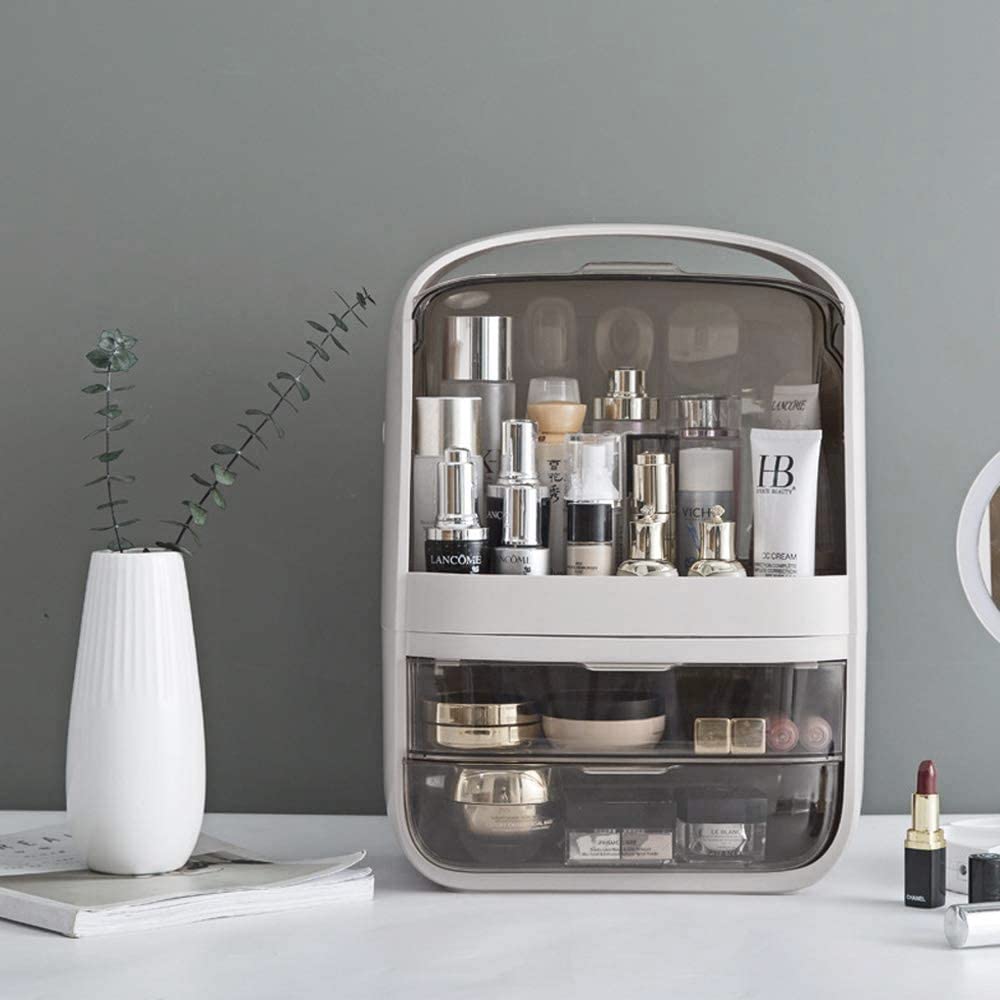 Waterproof Dust-proof Makeup Organizer with Drawers & Cover - Cosmetic Storage Box for Bathroom Vanity Countertop | Perfect for Organizing Lipsticks, Brushes & Skincare Products (White)