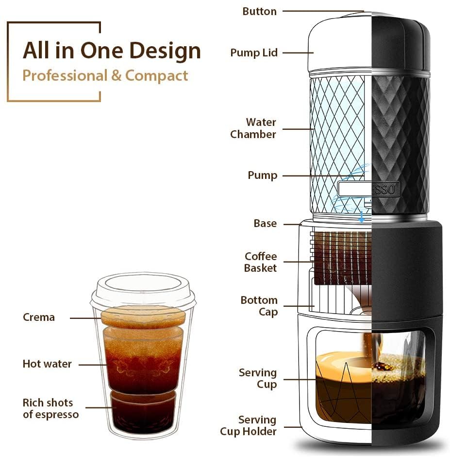 STARESSO Classic Portable Espresso Maker - Handheld Coffee Machine with 37mm Dosing Funnel & Tamper Kit - Perfect for Camping, Travel & Home Use
