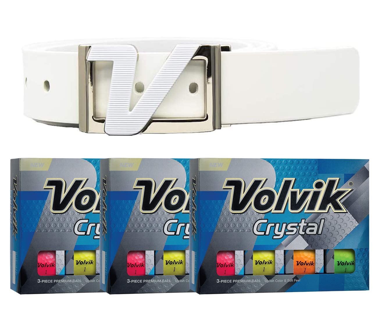 Volvik Crystal 3-Piece Premium Color Golf Balls - 36 Pack (3 Dozen) with Genuine Italian Leather Belt - High Visibility Golf Balls for Low Light Conditions - Perfect Gift for Golf Enthusiasts & Tournament Players