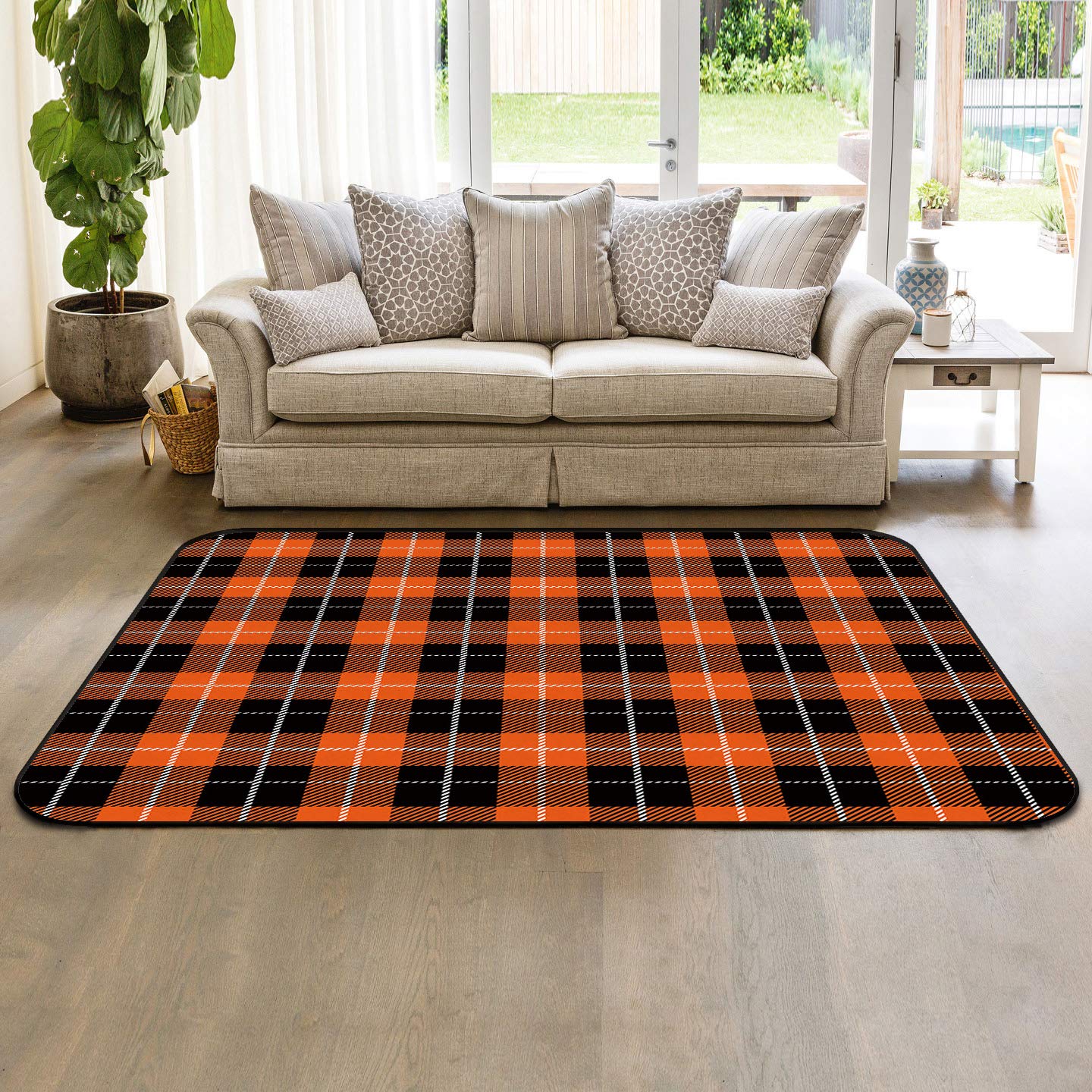 3' x 5' Orange and Black Buffalo Plaid Area Rug - Modern Throw Carpet for Nursery, Kids Room, Living Room & Bedroom - Soft Floor Covering for Indoor/Outdoor Use - Perfect for Autumn Decor and Thanksgiving Home Decor