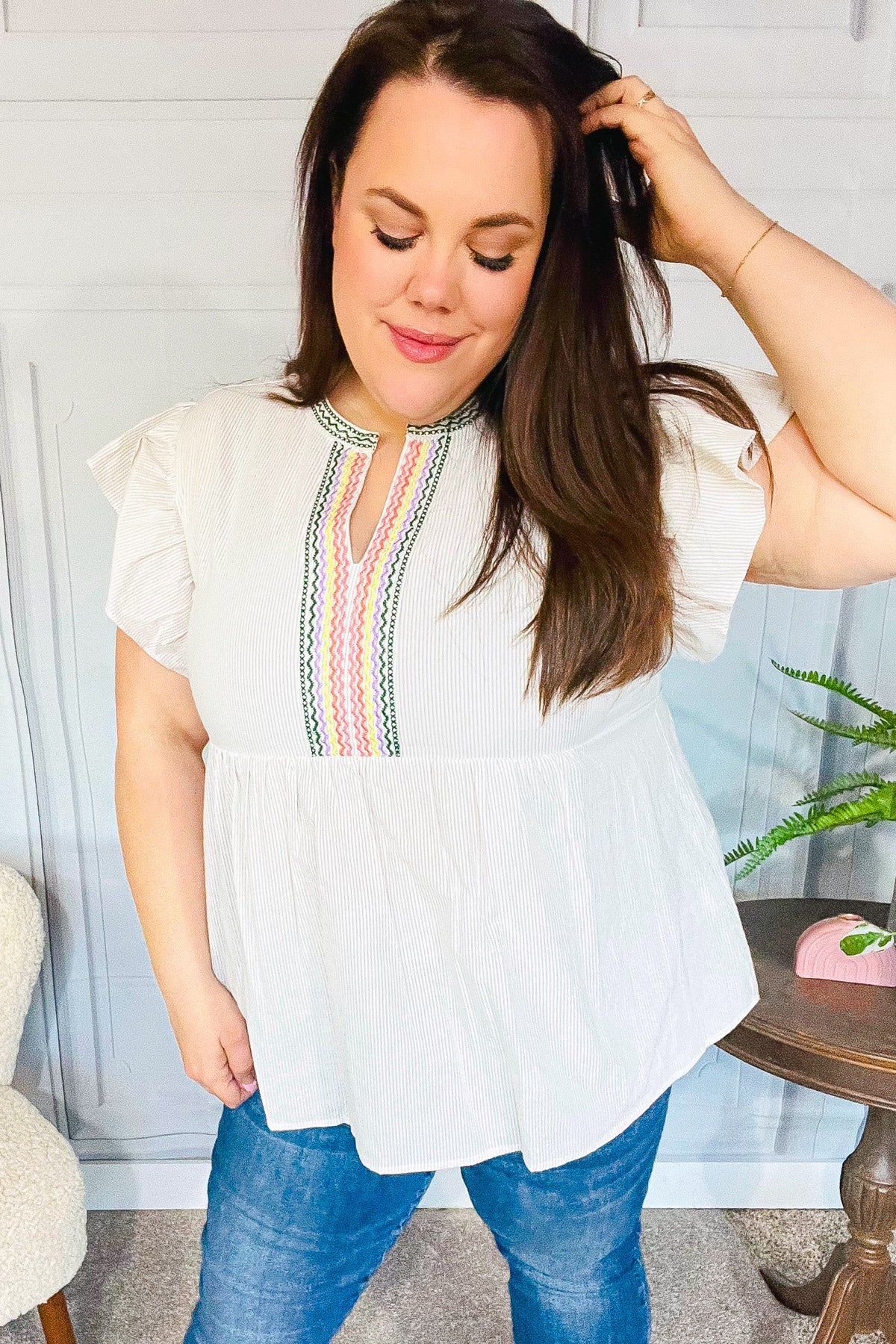 Haptics Weekend Ready Taupe Embroidered Notched Neck Babydoll Top - Women's Casual Boho Blouse for Brunch, Date Night & Summer Outings