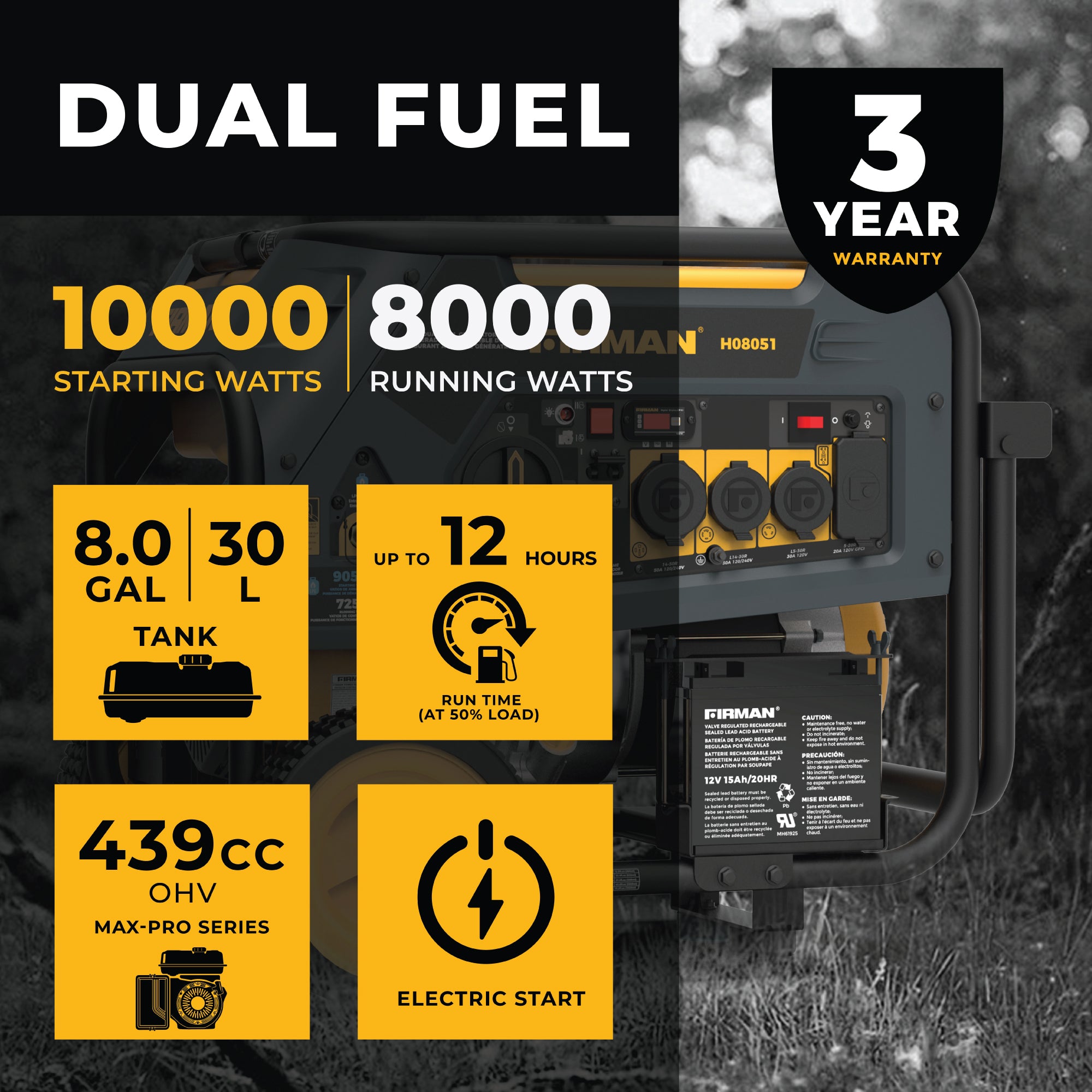 8000W Dual Fuel Portable Generator with Electric Start - 120V/240V Output for Camping, RV Trips & Home Backup Power