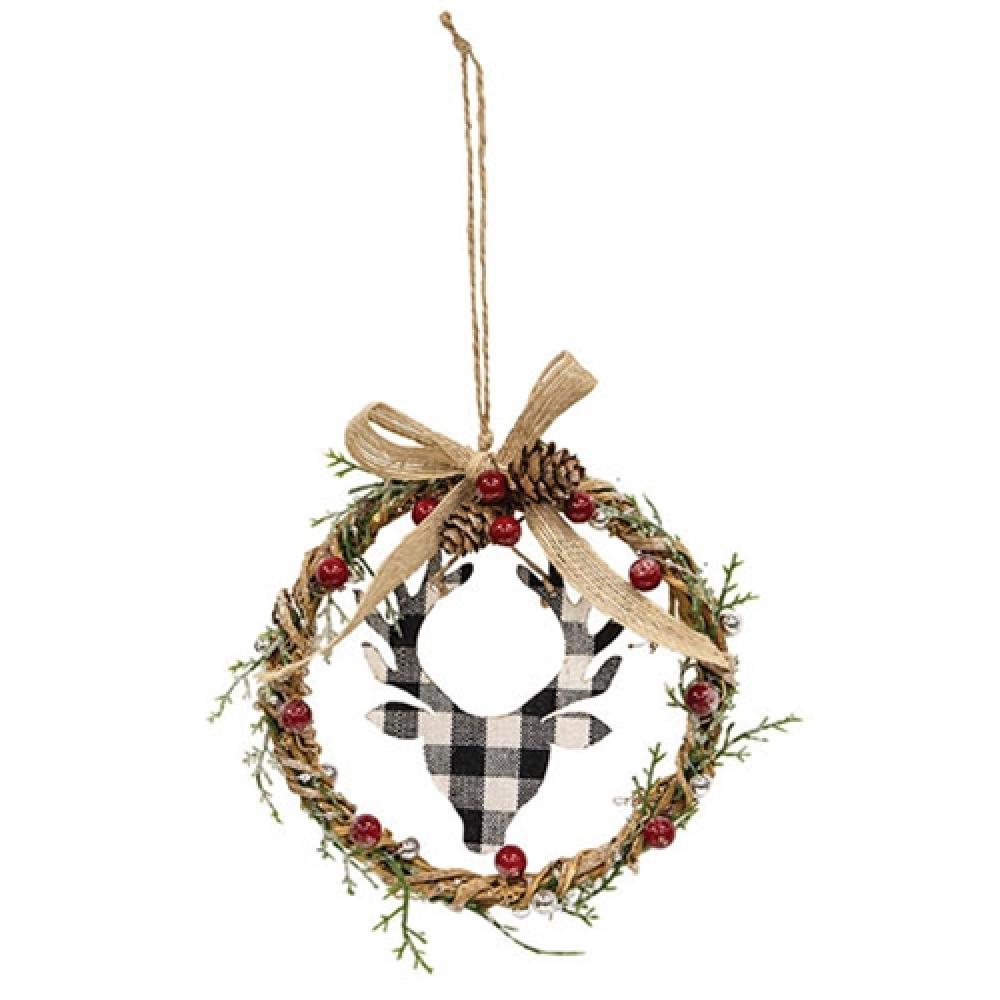 Mini Christmas Wreath with Black and White Buffalo Check Pattern - Rustic Deer Ornament for Holiday Front Door Decor, Christmas Tree Decoration & Winter Home Accents