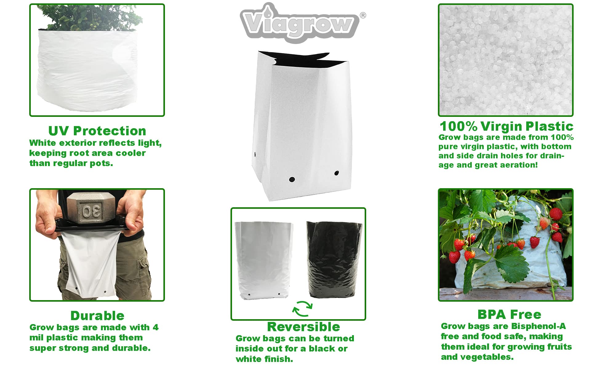 Viagrow 30 Gallon Thick Plastic Grow Bags - 10 Pack for Potting, Seedlings & Rooting | Heavy Duty Plant Containers for Indoor/Outdoor Gardening, Hydroponics & Urban Farming