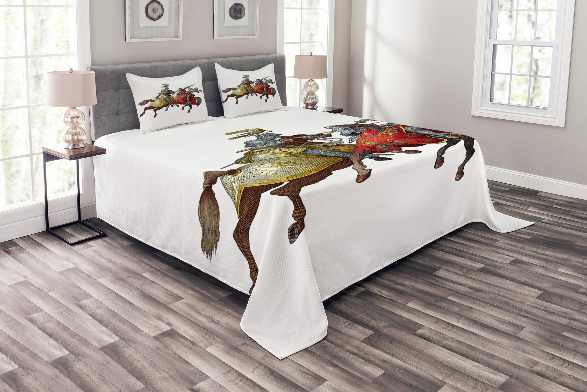 Ambesonne Medieval Bedspread Set - King Size 3-Piece Bedding with Knights & Renaissance Illustrations | Middle Ages Themed Decorative Coverlet & 2 Pillow Shams | Perfect for Historical Reenactments, Renaissance Fairs & Medieval Themed Bedrooms