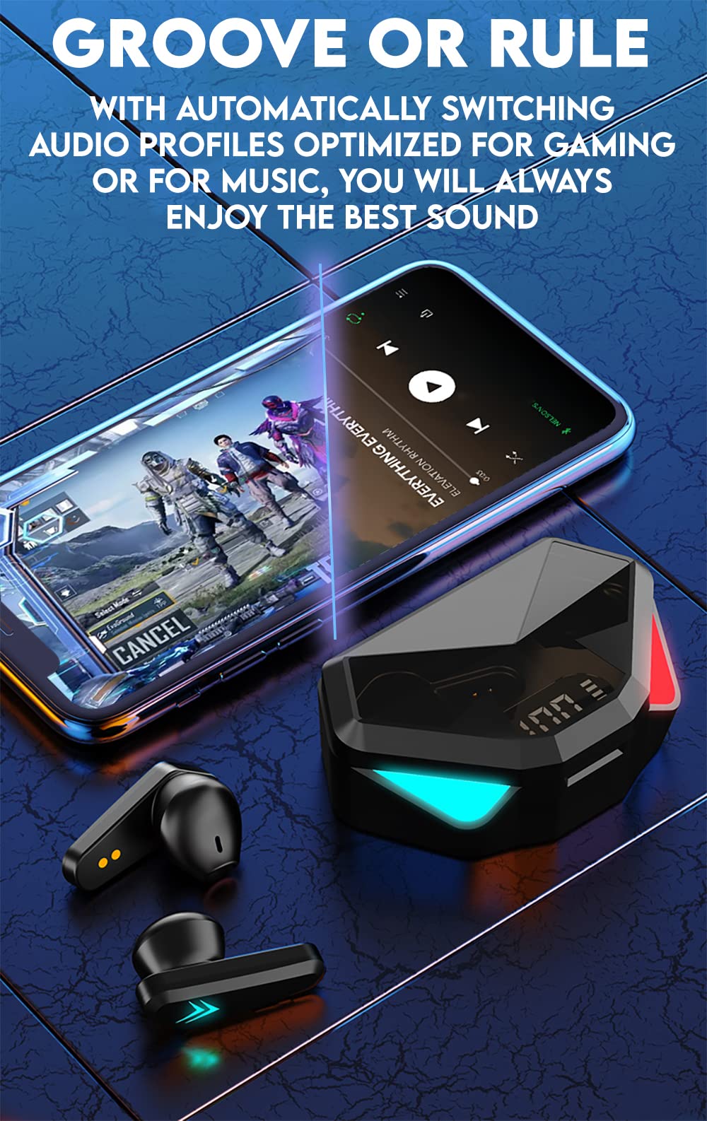 Bluetooth 5.2 Wireless Gaming Earbuds with Microphone, Sweatproof RGB LED Earbuds & 24H Charging Case, Hi-Fi Stereo Bass, Low Latency, Passive Noise Cancelling - Perfect for Gaming, Workouts, and Commuting