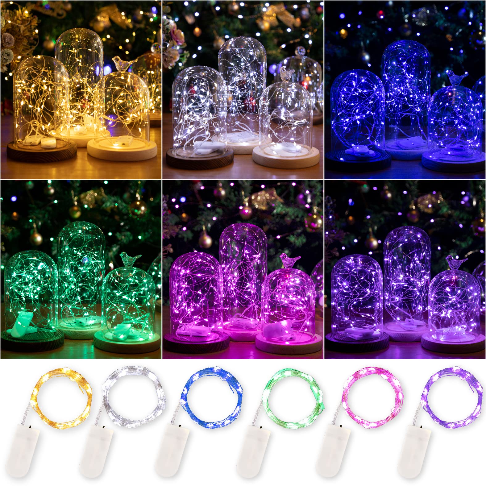 6 Pack LED Multicolor Fairy Lights Battery Operated - 7ft 20LED Mini String Lights for Mason Jars, Waterproof Firefly Starry Lights - Perfect for DIY Wedding Decor, Christmas Party, Baby Showers & Home Garden Lighting