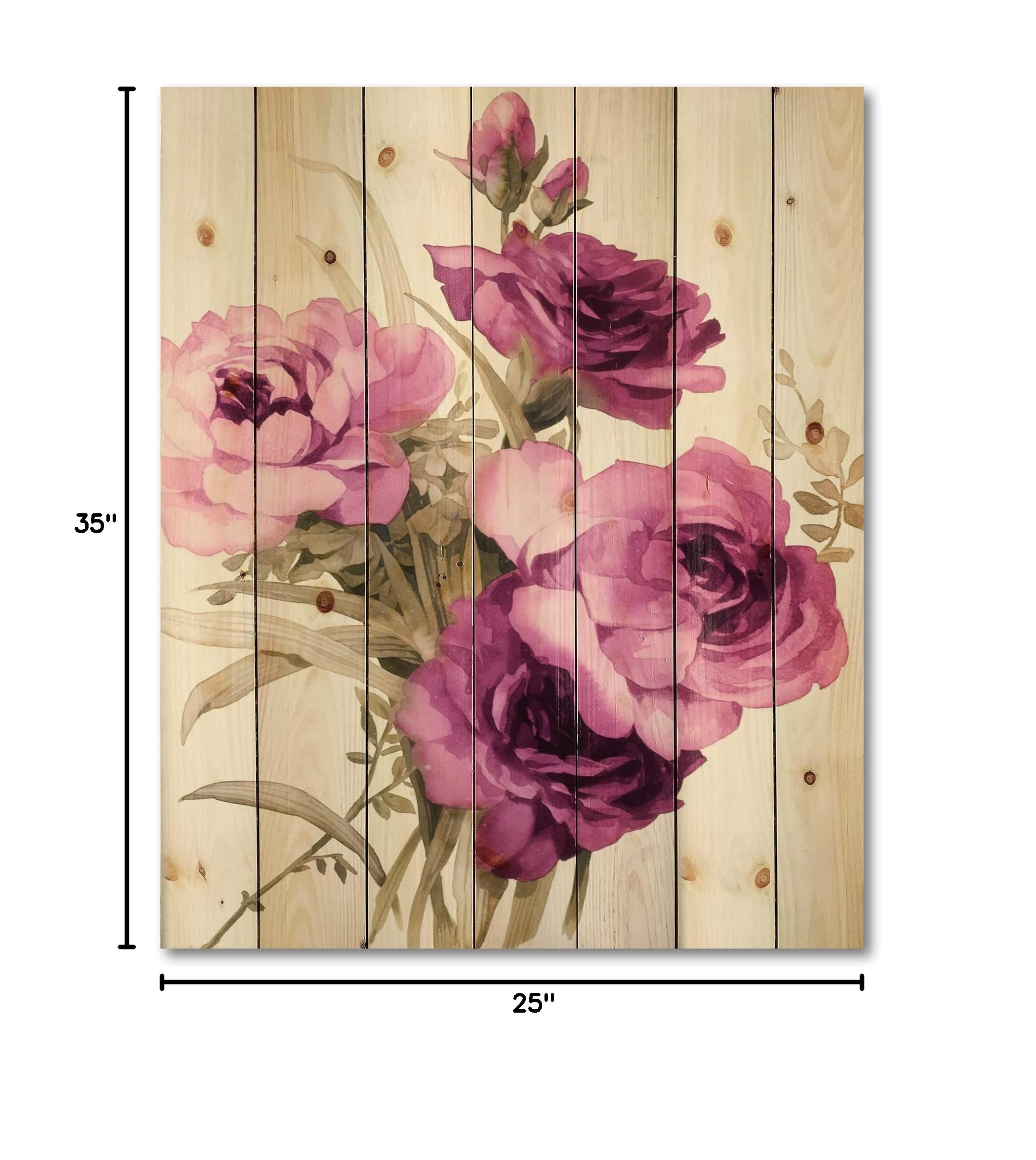 DesignQ Dark Pink Roses Traditional Wood Wall Decor - Purple Floral Wood Wall Art Panel, Large Pine Wood Wall Hanging for Living Room, Bedroom & Home Decor