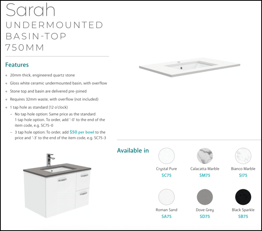 Fienza 750mm SC75H Crystal Pure Undermount Stone Top Wall Mounted Bathroom Vanity Unit in White - Modern Space-Saving Design for Small Bathrooms & Powder Rooms