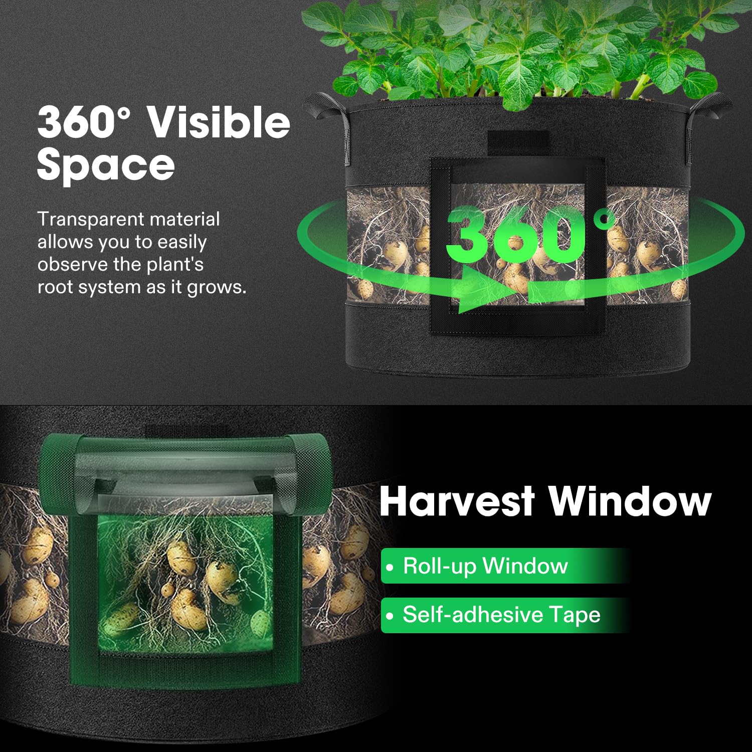 VIVOSUN 5-Pack 7 Gallon Potato Grow Bags with 360° Visibility & Harvest Window - Thick Fabric Planters for Growing Potatoes, Sweet Potatoes & Vegetables - Perfect for Indoor/Outdoor Gardening & Urban Farming (Black)