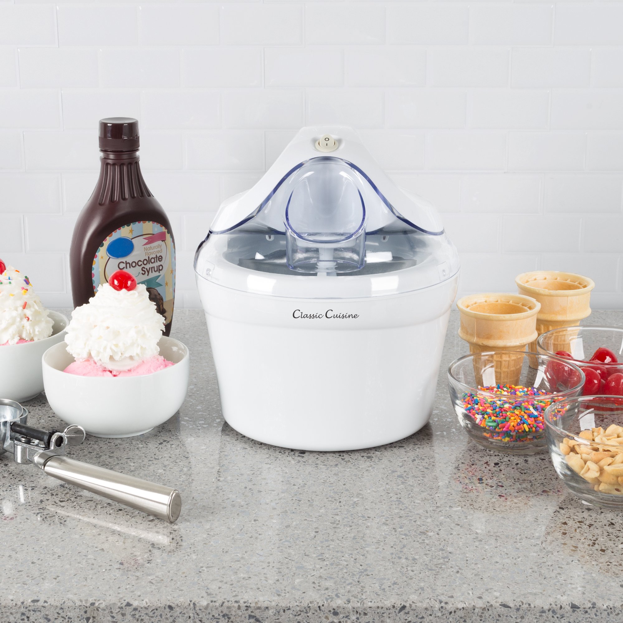 Classic Cuisine 1 Quart Ice Cream Maker - Homemade Ice Cream, Sorbet & Frozen Yogurt Dessert Machine with Recipe Book - Perfect for Parties, Family Gatherings & Summer Treats - White