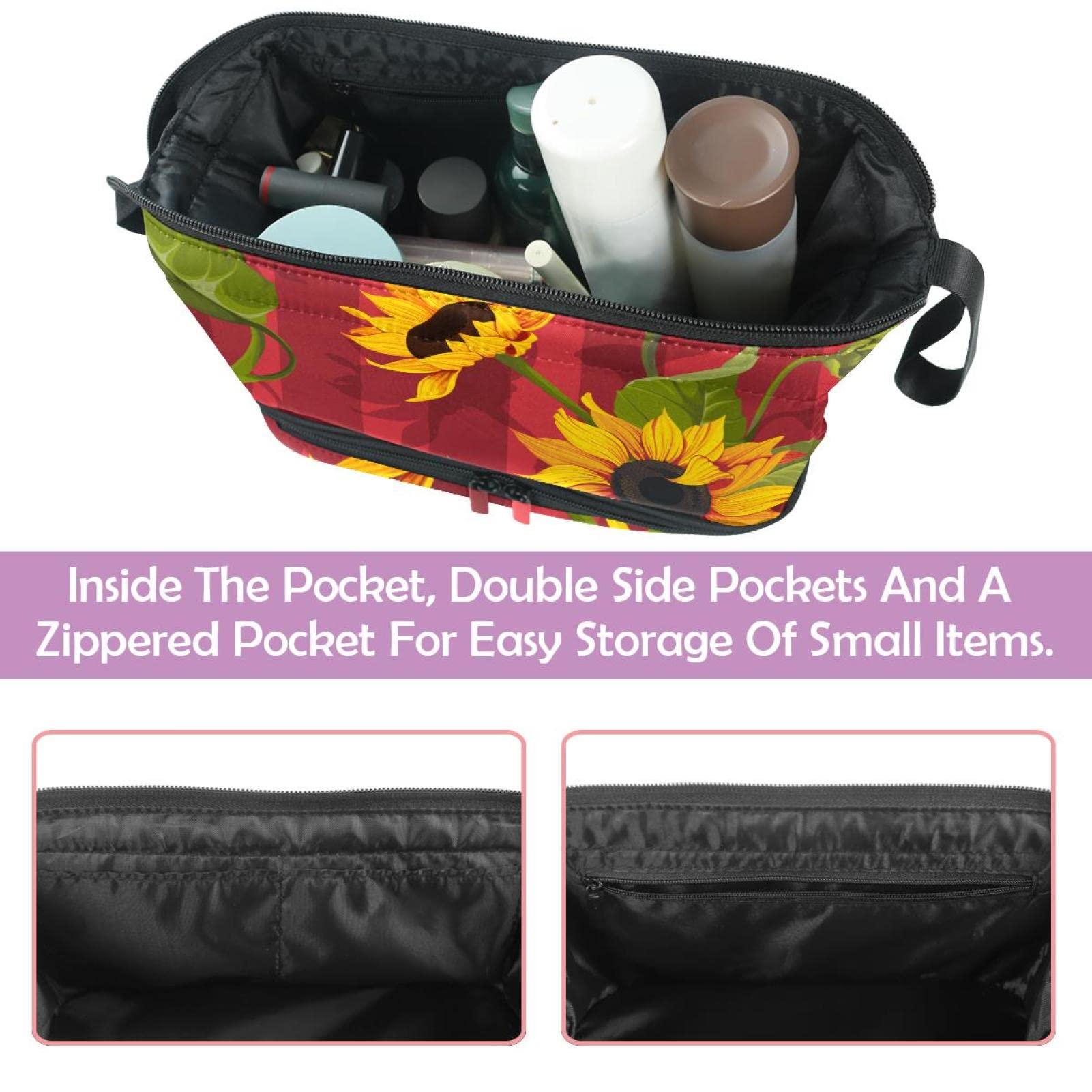 Large Makeup Bag for Women Travel - Waterproof Cosmetic Organizer with Modern Stripe Sunflower Design, Toiletry Bag for Makeup Brushes & Skincare Products (Perfect for Travel, Gym & Daily Use)