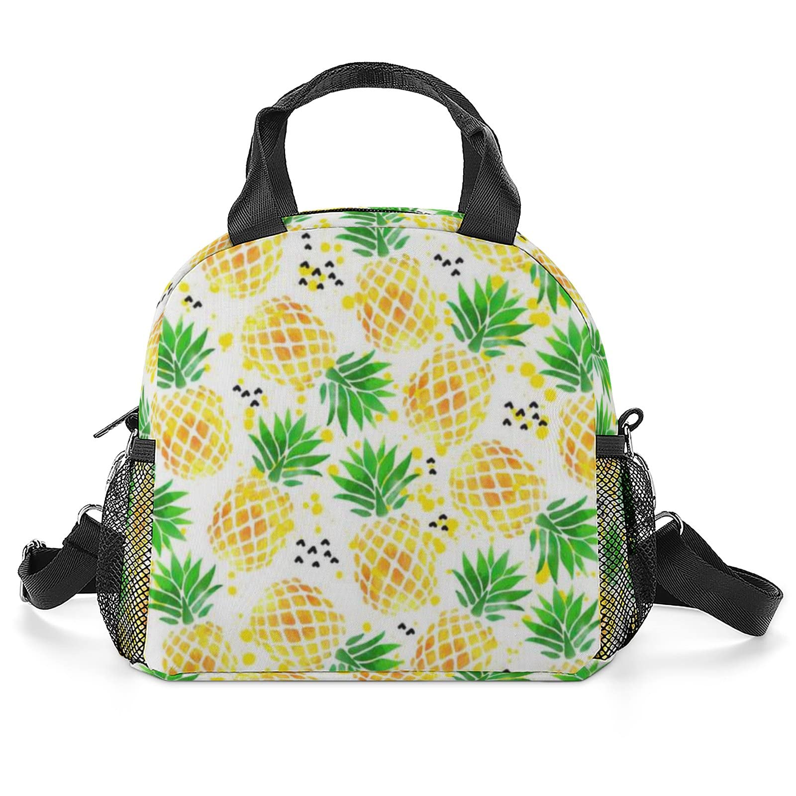 Funny Pineapple Watercolor Lunch Box - Large Insulated Reusable Lunch Bag for Women, Men & Kids with Side Pocket & Adjustable Shoulder Strap - Perfect for School, Office, Picnics & Travel