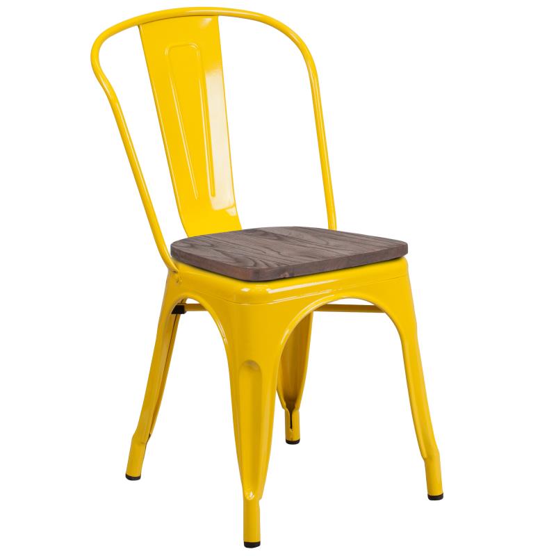 FLASH Perry Metal Stackable Chair with Wood Seat - Modern Dining Chairs for Kitchen, Restaurant, Cafe & Outdoor Use - Sturdy & Space-Saving Design