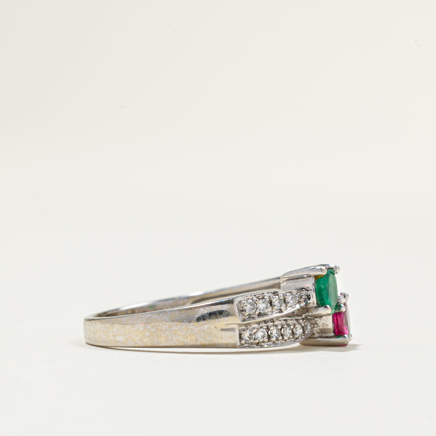 Toi et Moi Emerald Ruby Diamond Ring - 0.24ct Emerald, 0.10ct Ruby & 0.18ctw Diamonds - Size 7.5 - Elegant Engagement, Anniversary or Gift Jewelry for Women