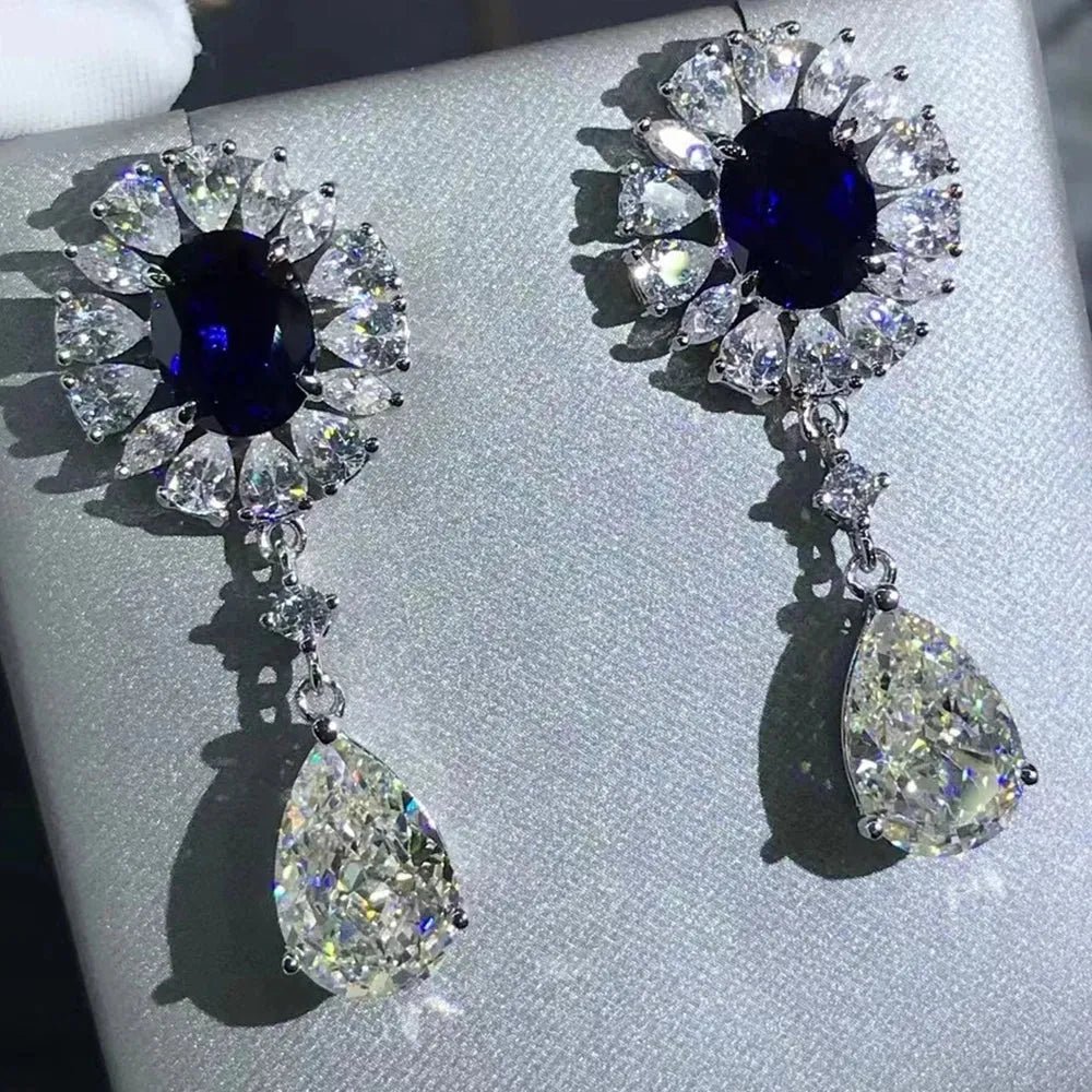 WUIHA 925 Sterling Silver Platinum Plated 12CT Ruby & Sapphire Moissanite Drop Earrings for Women - Elegant Dangle Jewelry Gift for Birthday, Anniversary & Special Occasions