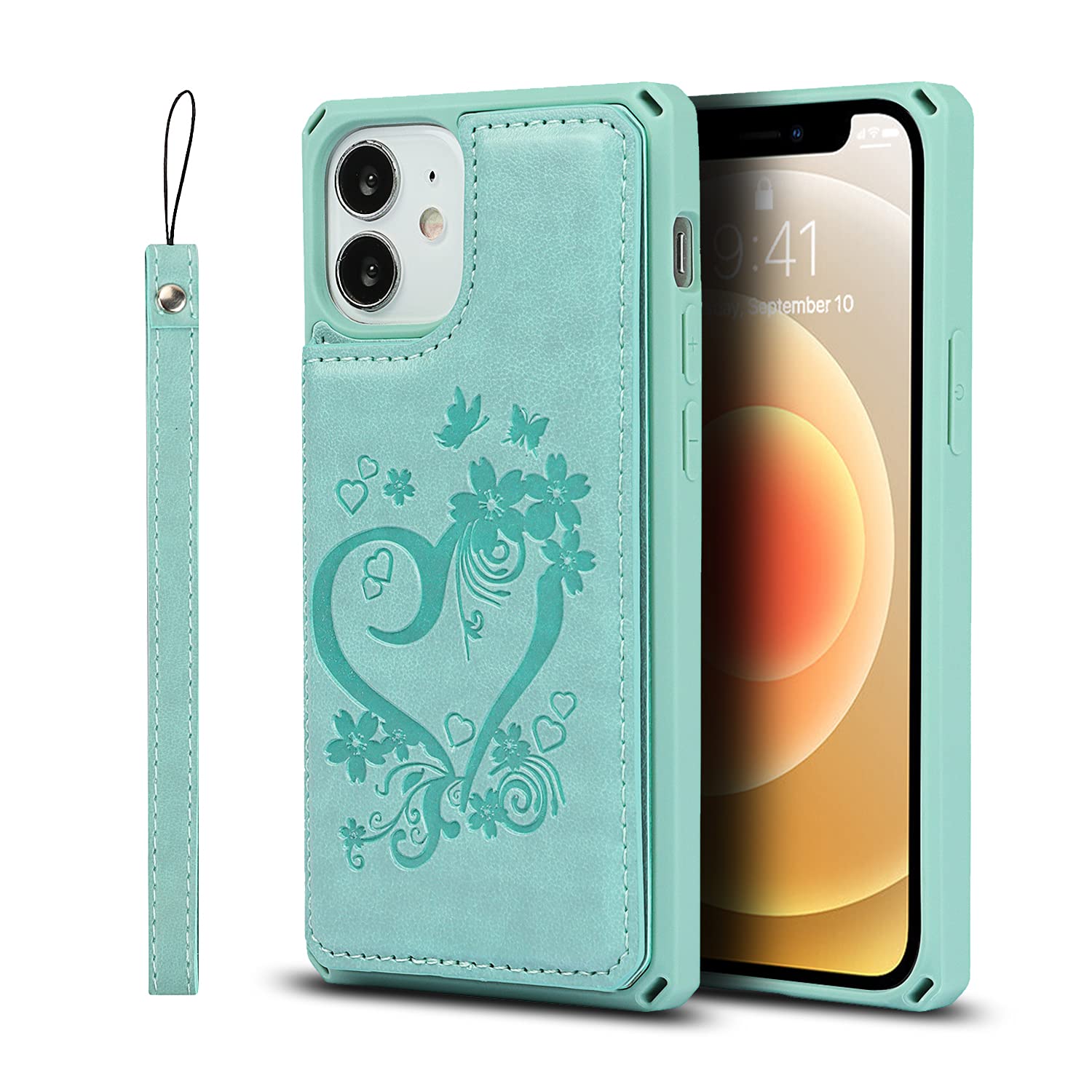 iCoverCase iPhone 12 Mini Wallet Phone Case with Card Holder - RFID Blocking PU Leather Wrist Strap Case for Women (5.4 Inch, Heart Mint) - Perfect for Everyday Use, Travel & Contactless Payments