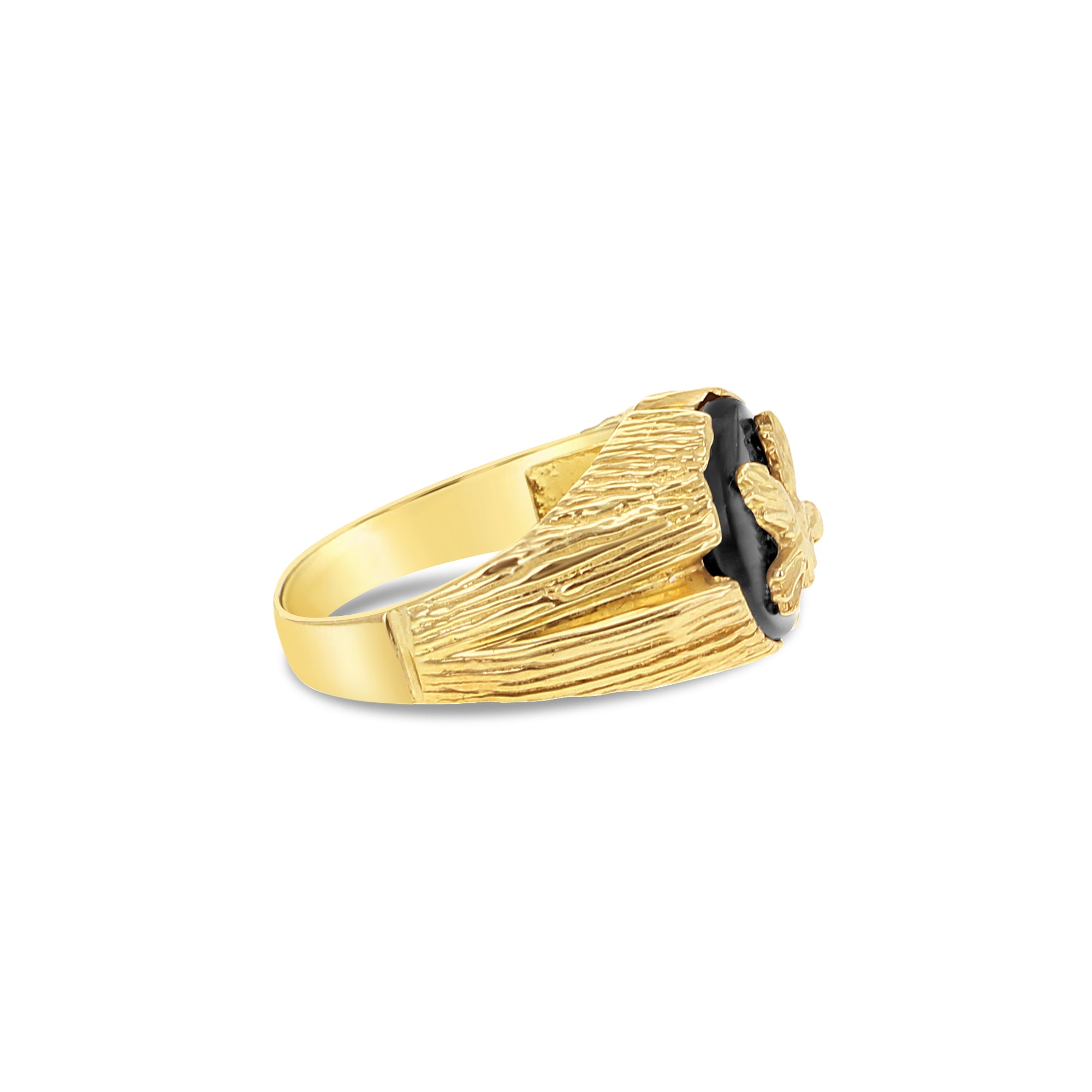 14k Yellow Gold Black Onyx Eagle Ring with Bark Textured Band - Perfect for Men's Fashion Jewelry, Gifts & Special Occasions