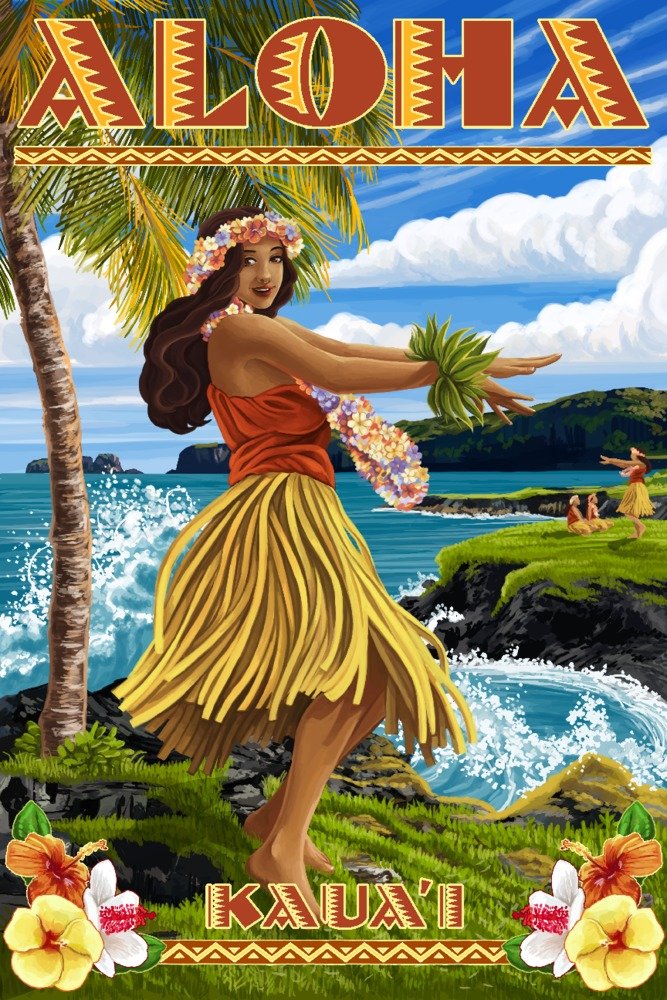 Hawaii Wall Art - 12x18 Kaua'i Hula Girl Coastal Poster Print, Tropical Beach Decor for Living Room, Bedroom & Office