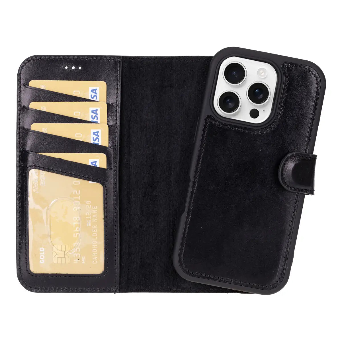 Premium Black Leather Wallet Case for iPhone 16 Pro - RFID Blocking & Card Slots - Perfect for Everyday Use, Travel & Business