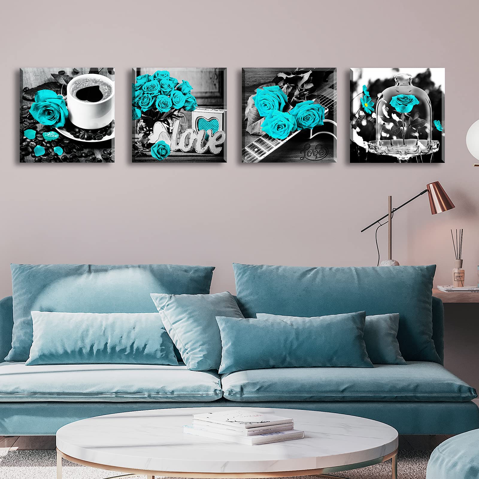 Turquoise Rose Canvas Wall Art Set - 4 Piece 12x12 Inch Framed Floral Prints for Bedroom, Living Room & Kitchen Decor | Modern Home Accessories & Gift Idea